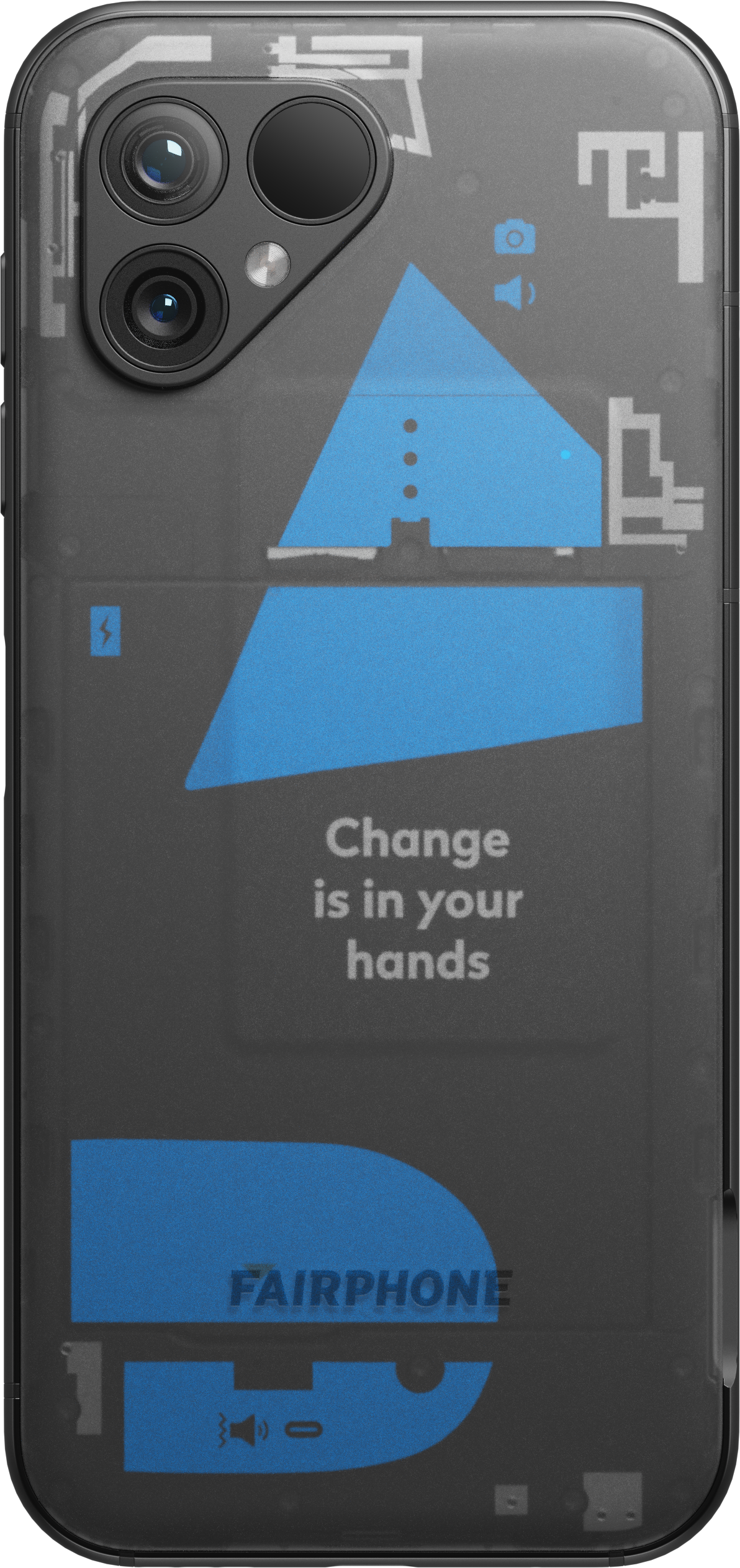 Eine schwarze Handyhülle mit blauem Design, das interne Telefonkomponenten und den Text 'Change' zeigt.