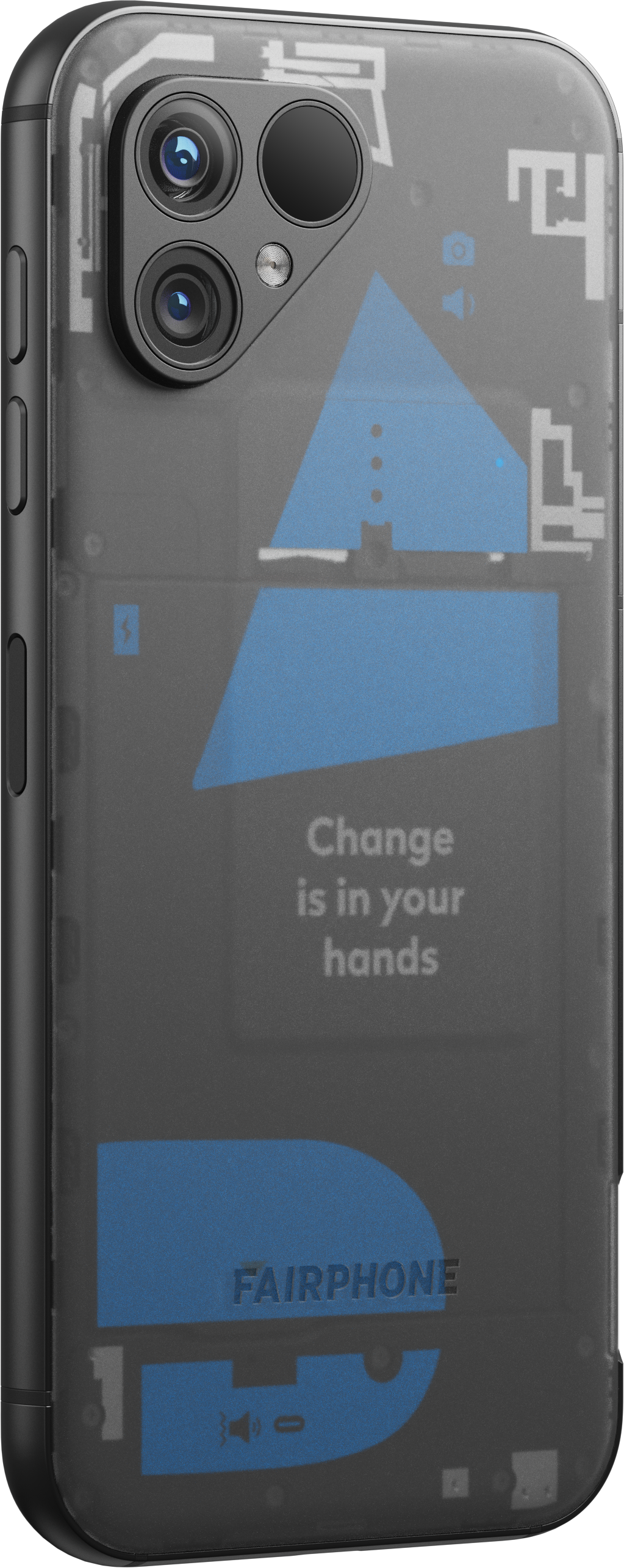 Eine Handyhülle mit transparentem Rücken, die die inneren Komponenten und einen Text zeigt: Change is in your hands.