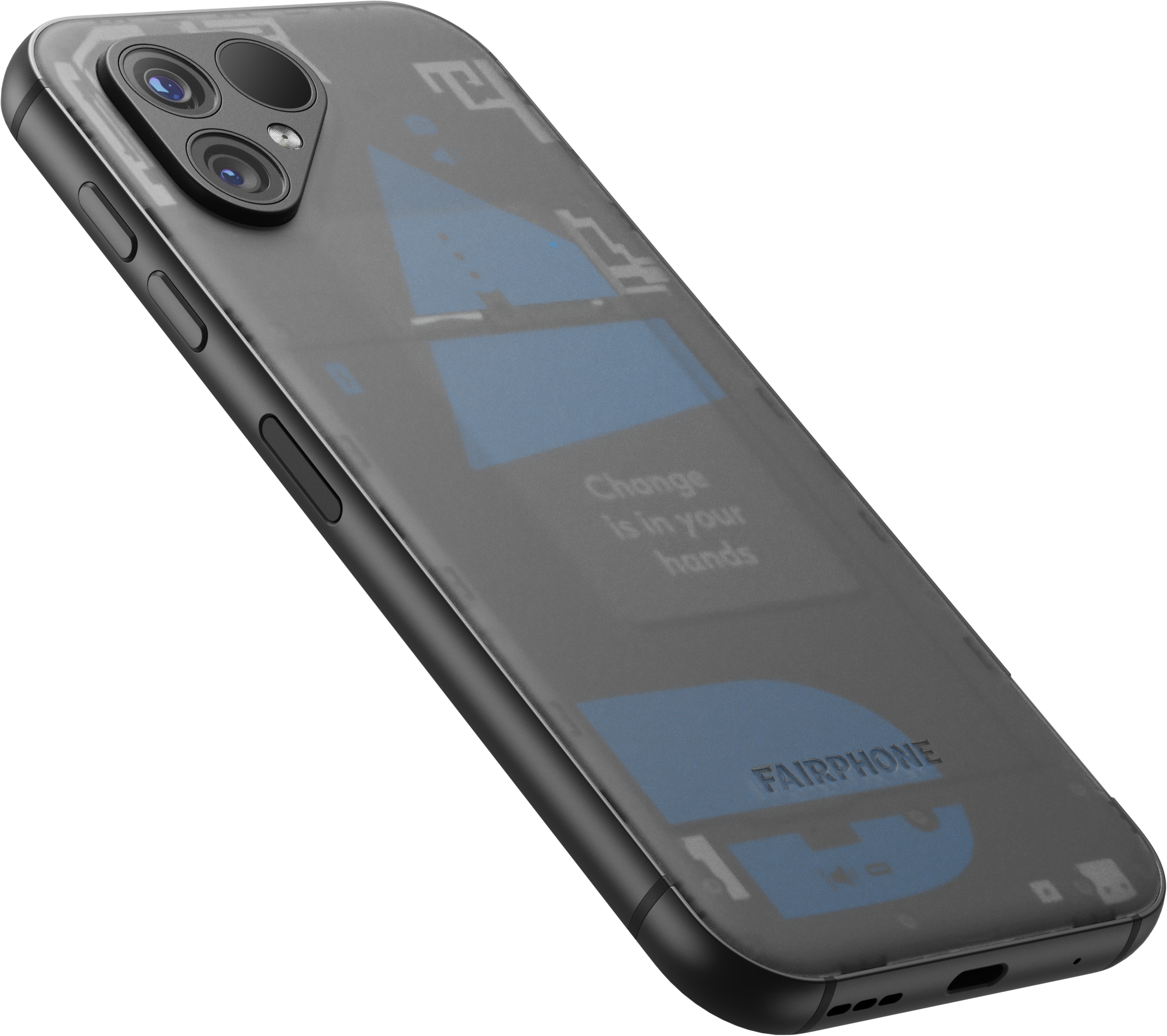 Telefonrückseite mit transparenter Ansicht, die die internen Komponenten zeigt. Text: Change is in your hands.