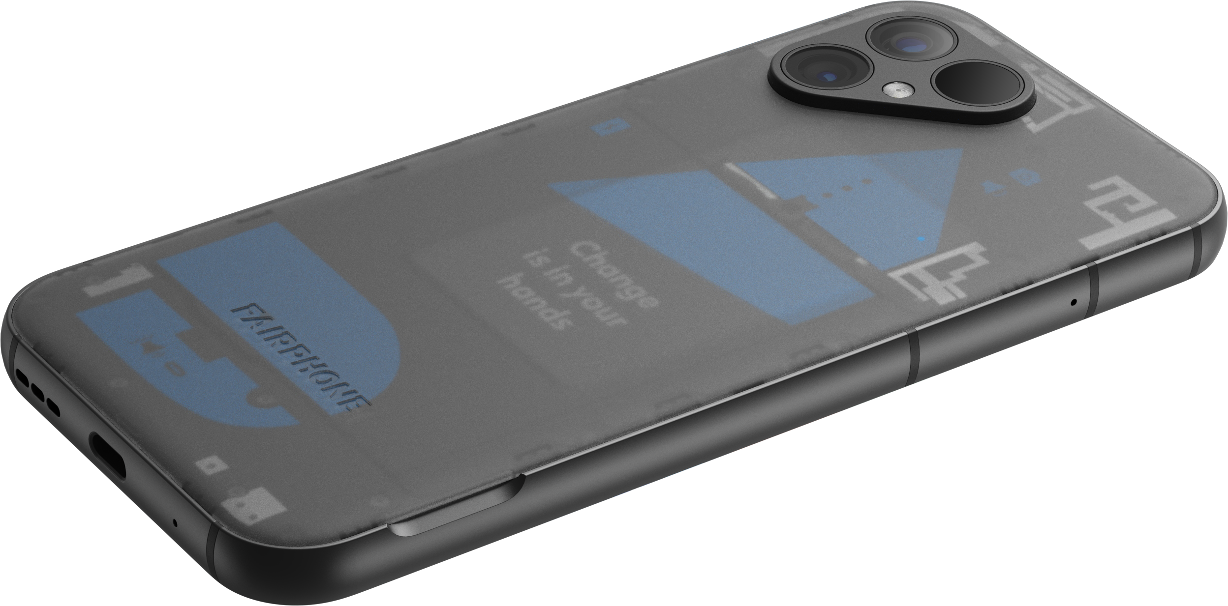 Fairphone in Hülle, Rückseite sichtbar. Text: Change is in your hands. Blaue Akzente.