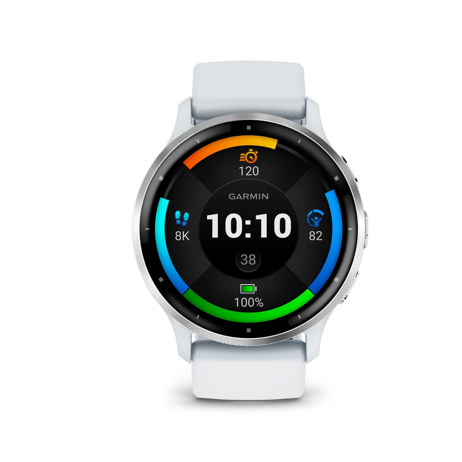 Witte Garmin smartwatch toont tijd, statistieken en een batterij-icoon. De band is wit.