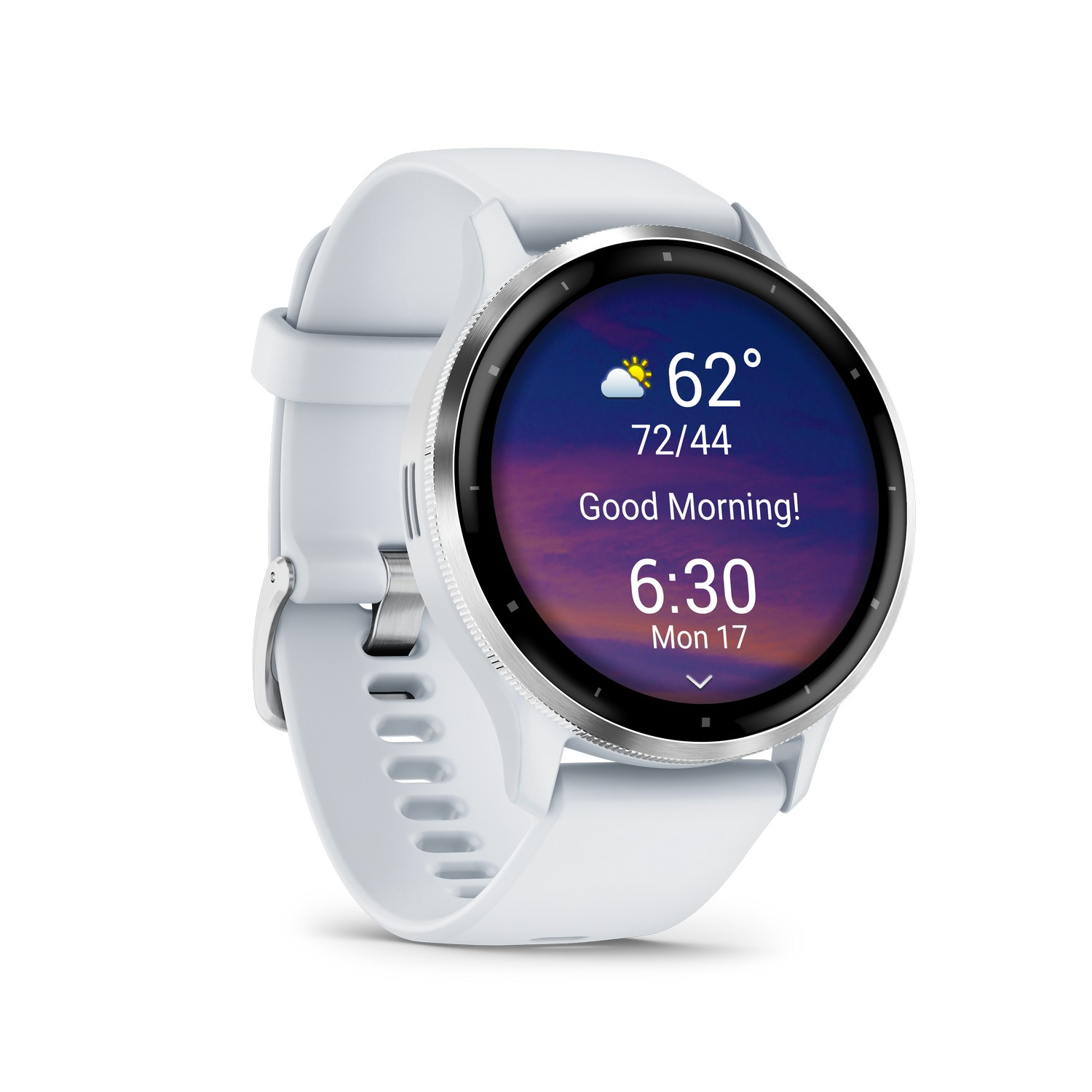 Witte smartwatch met weergegevens: 62° en Goedemorgen!