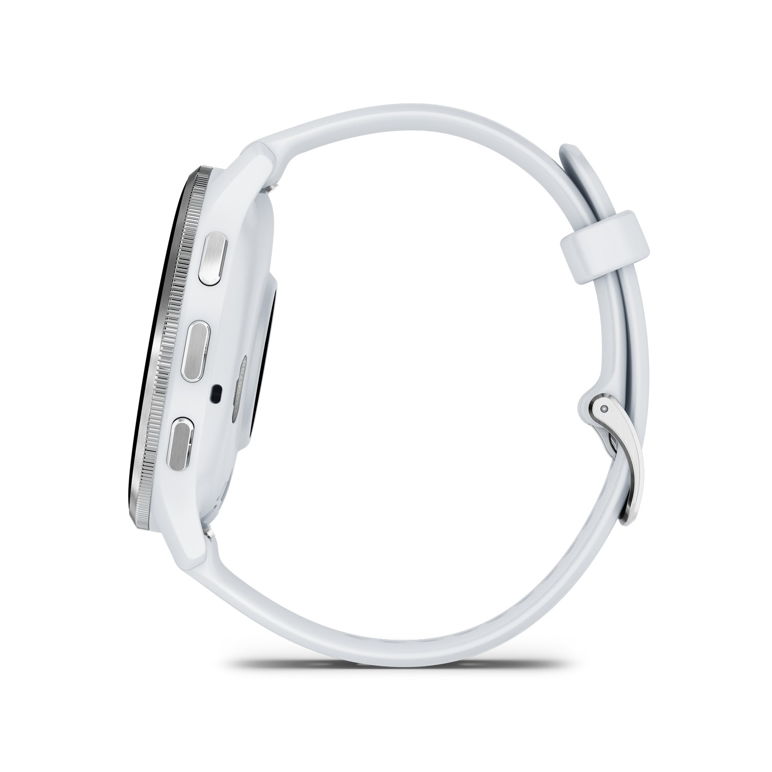Witte smartwatch met een witte band. Het horloge is van de zijkant te zien.