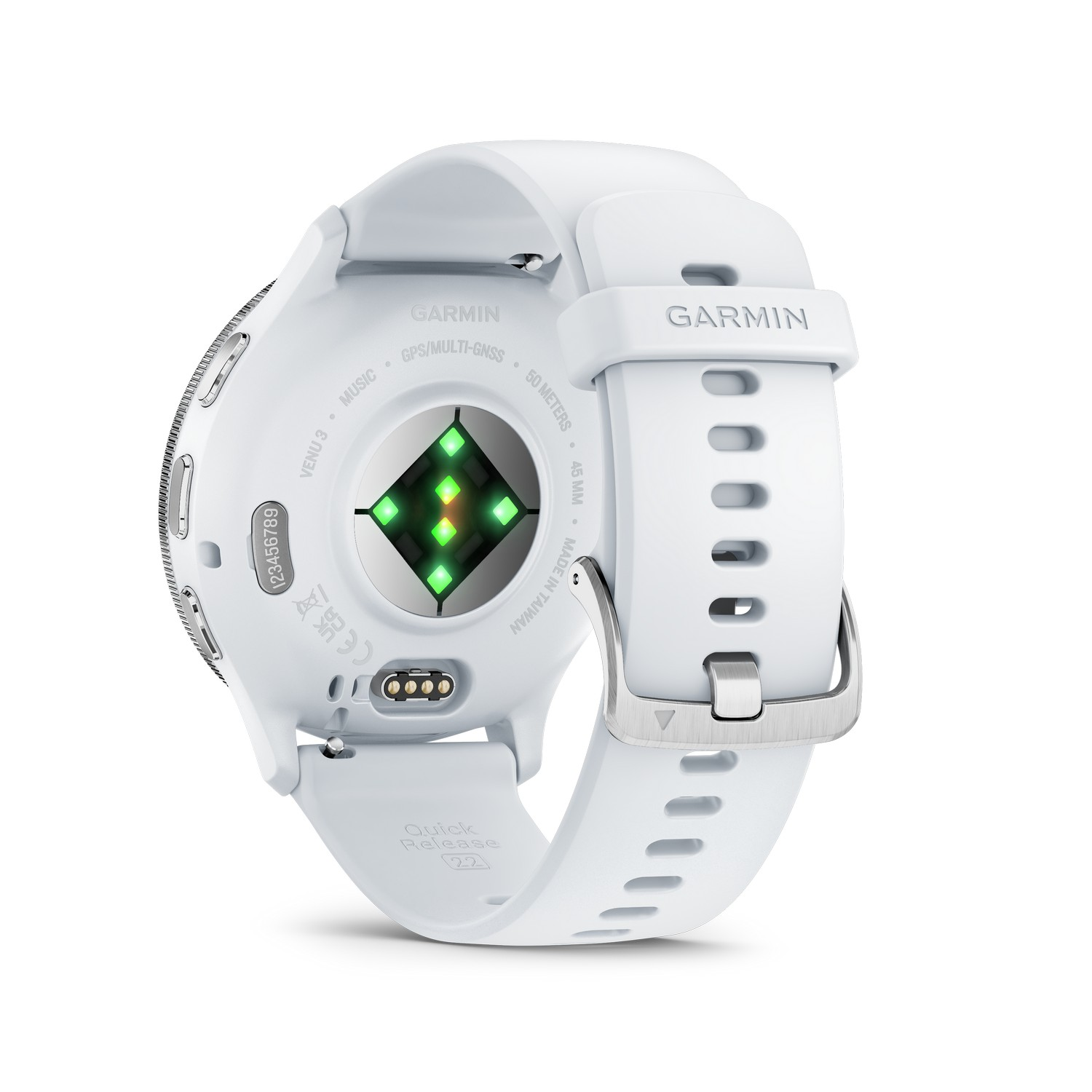 Witte Garmin smartwatch, achteraanzicht. Toont hartslagsensor en oplaadpunten. Witte band met gesp.