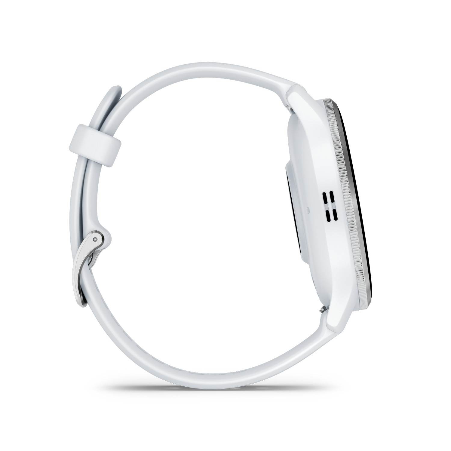 Zijaanzicht van een witte Garmin smartwatch met een witte band, geïsoleerd op een witte achtergrond.