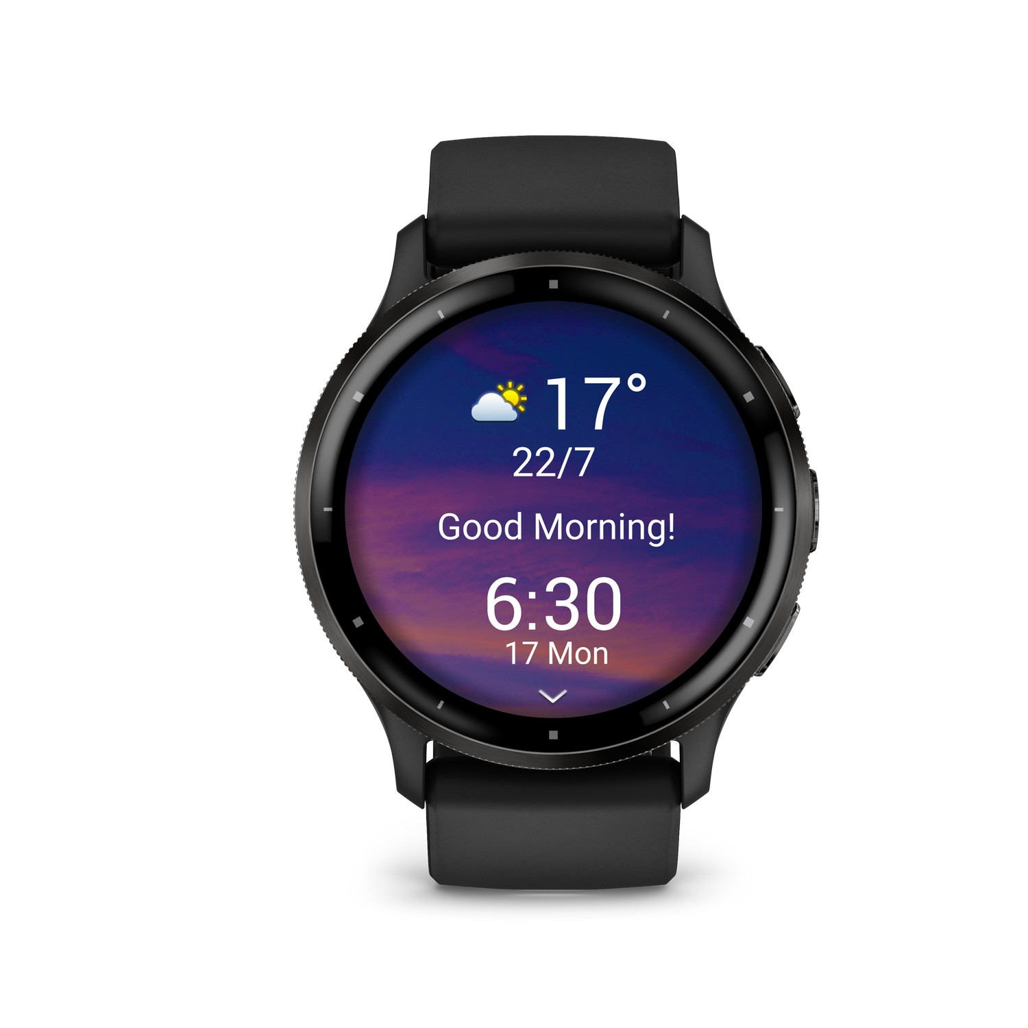 Een zwarte smartwatch toont de tijd, het weer en een begroeting.