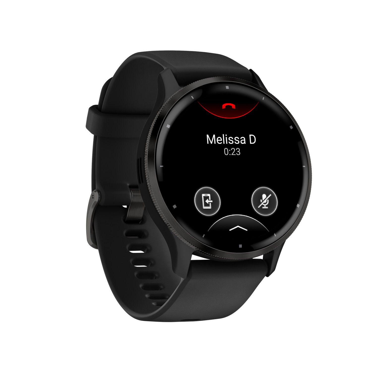 Een zwart slim horloge met een zwarte band, met een oproepscherm met de naam van de beller en oproepbediening.