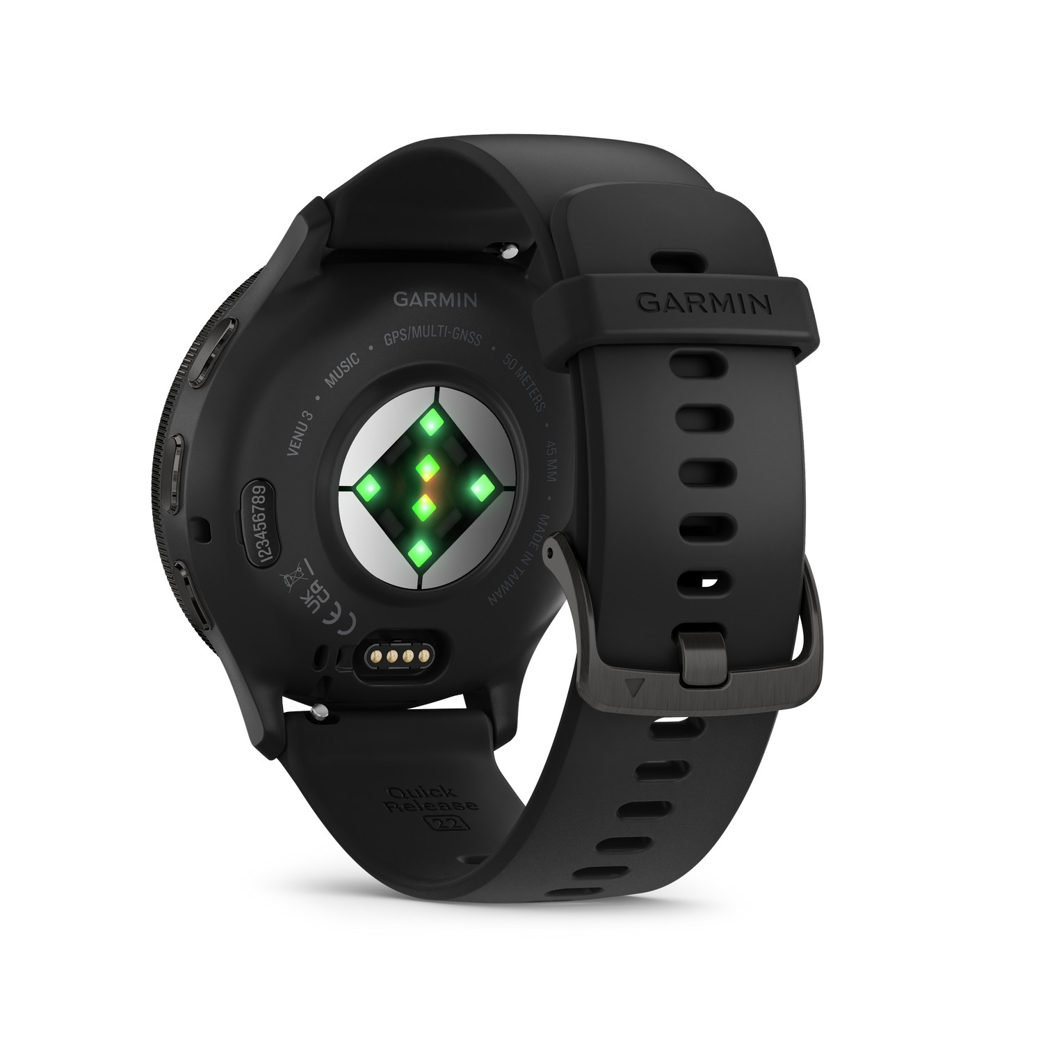 Zwarte Garmin smartwatch, achteraanzicht. Toont hartslagsensor en snelsluiting band.
