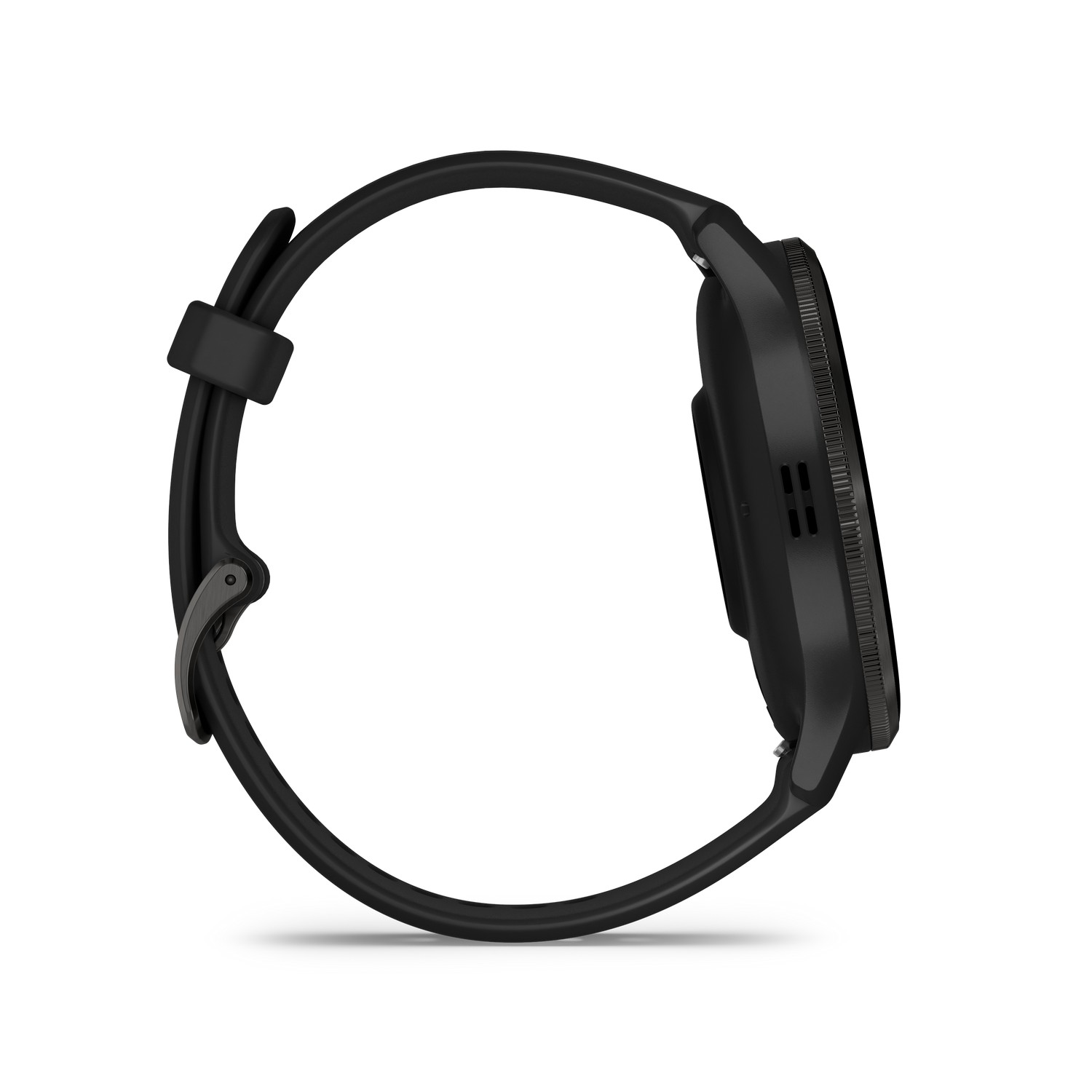 Zijaanzicht van een zwarte Garmin smartwatch met een zwarte band, schuine weergave, op een witte achtergrond.