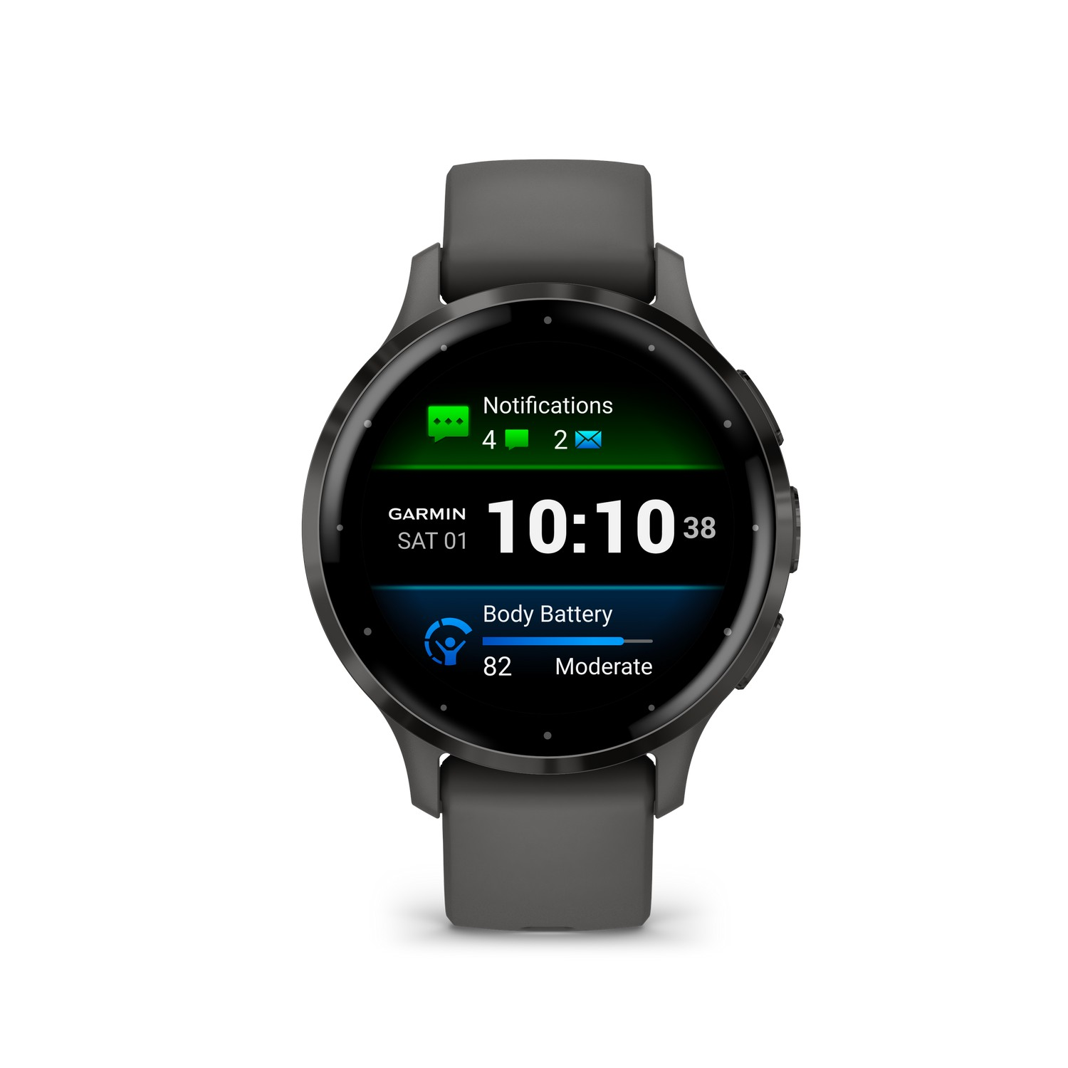 Smartwatch met tijd, meldingen en lichaamsbatterijstatistieken. Witte achtergrond.