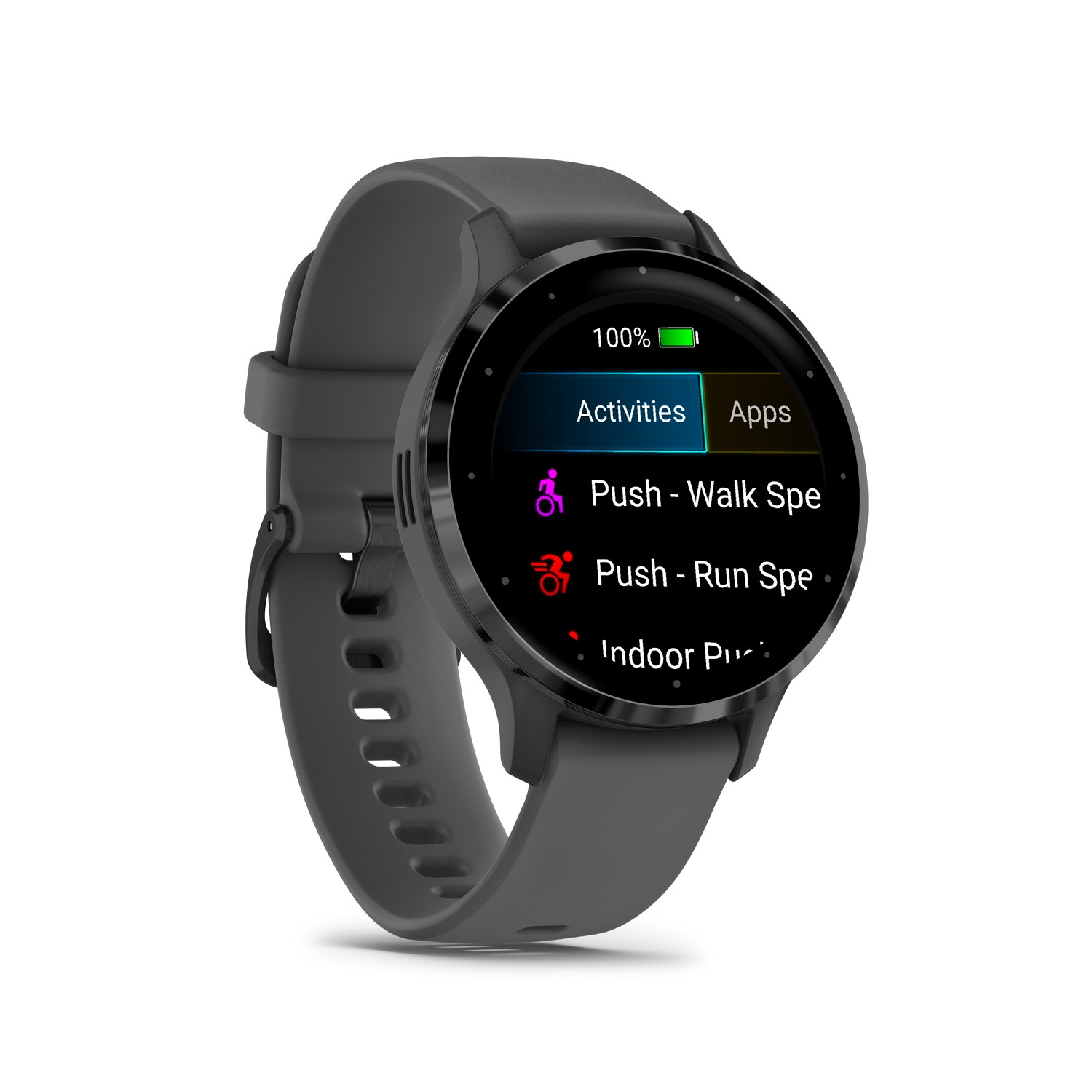 Een zwarte Garmin smartwatch die activiteitsgegevens weergeeft op een witte achtergrond.