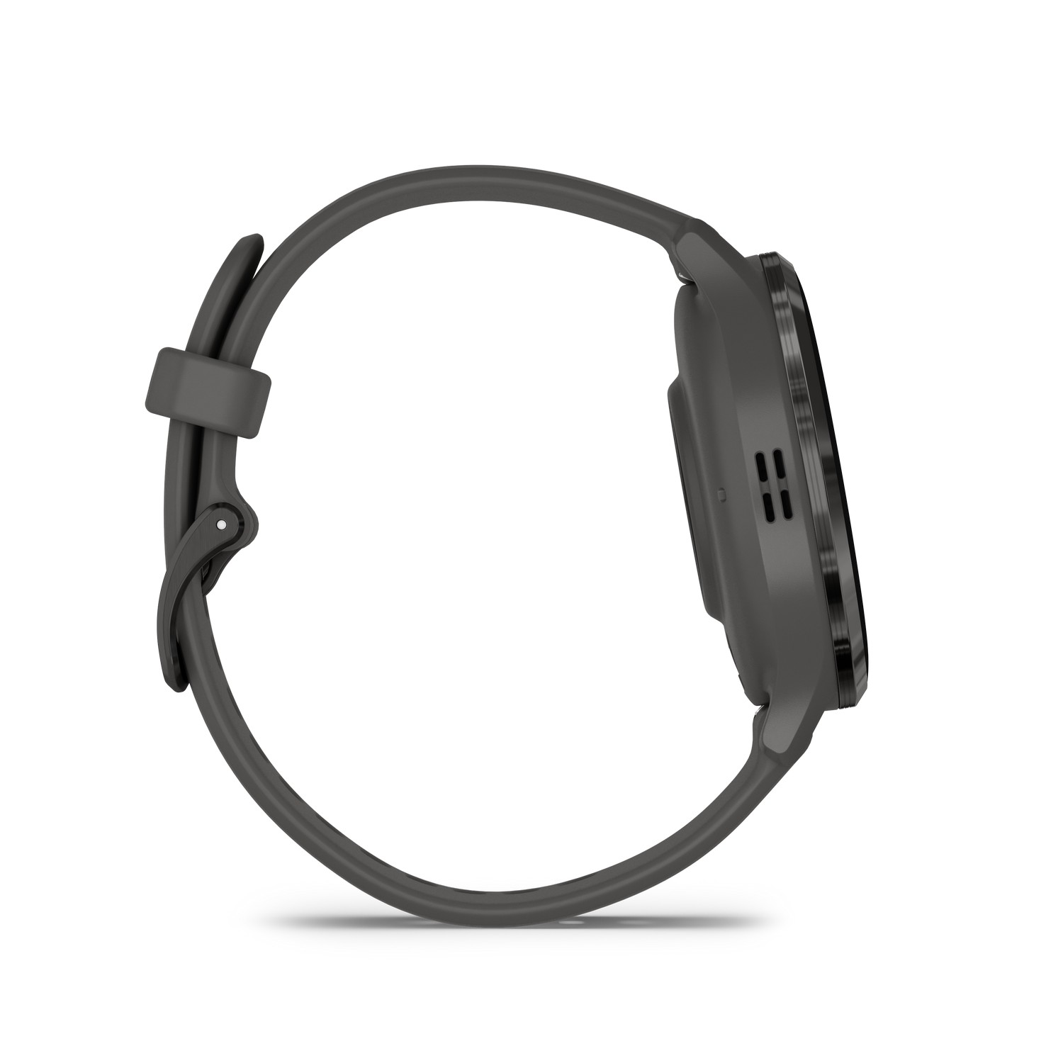 Een zijaanzicht van een grijze smartwatch met een grijze band. Het horloge is geïsoleerd op een witte achtergrond.