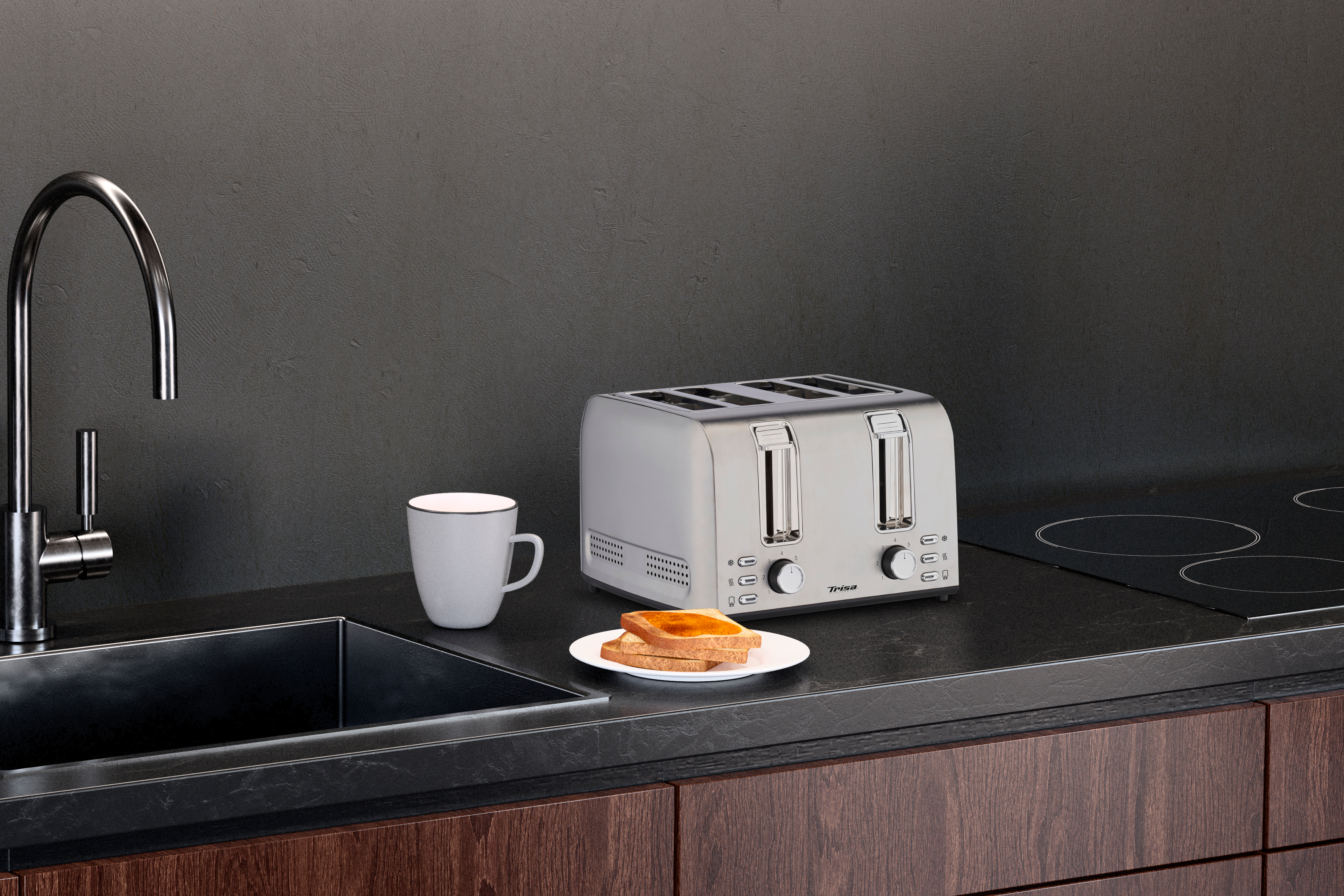 Un grille-pain en acier inoxydable avec deux tranches de pain grillé et une tasse sur un comptoir.