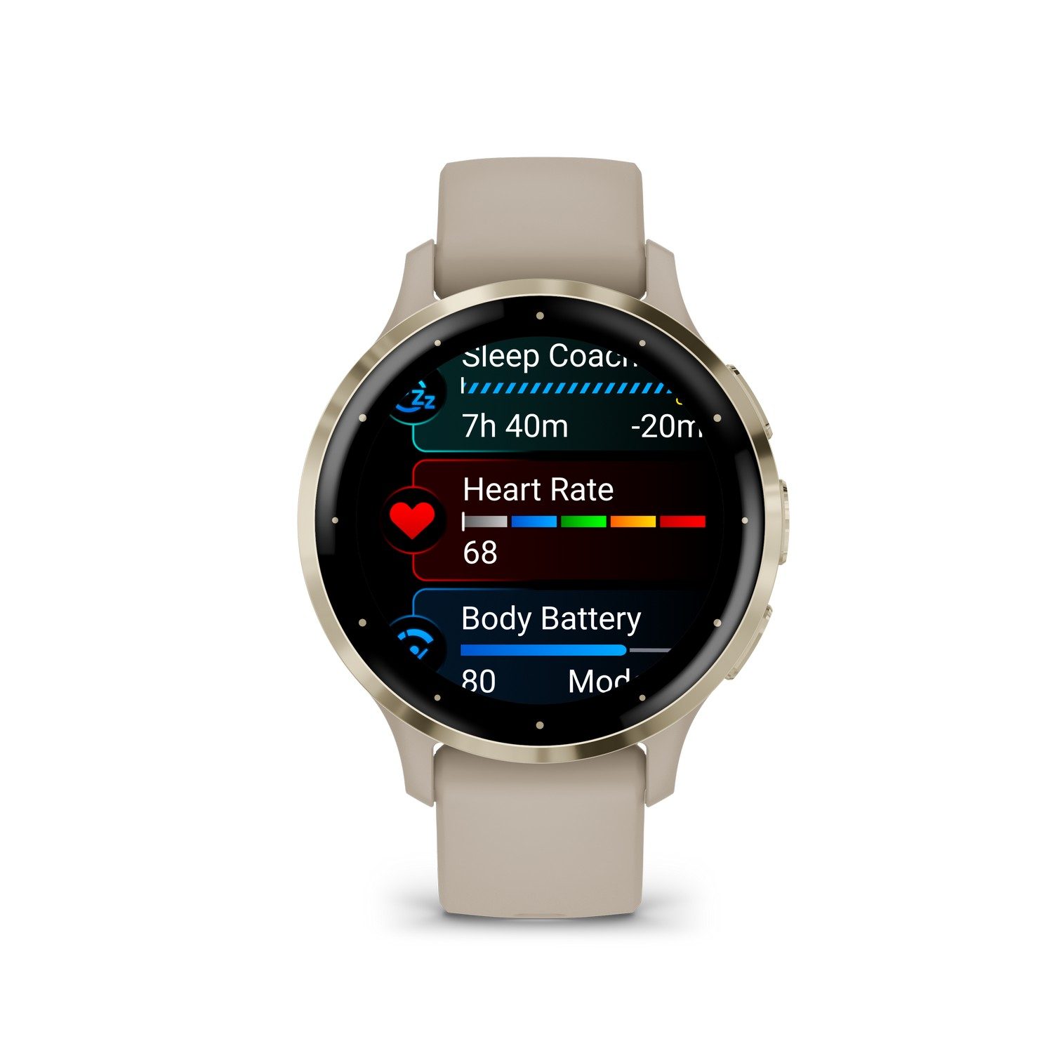 Smartwatch met een bruine band die hartslag- en slaapgegevens weergeeft.