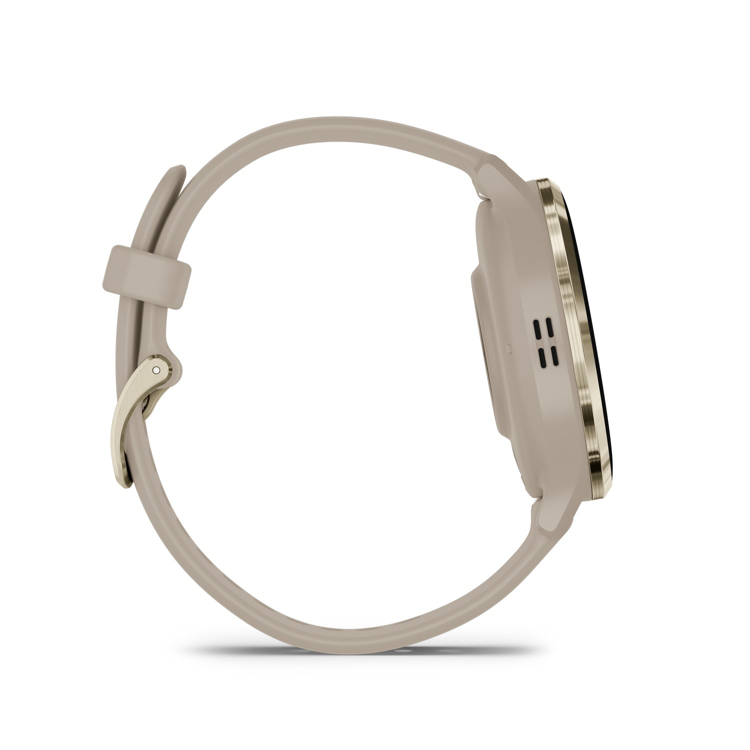 Zijaanzicht van een beige smartwatch met een bruine band en een goudkleurige rand, geïsoleerd op wit.