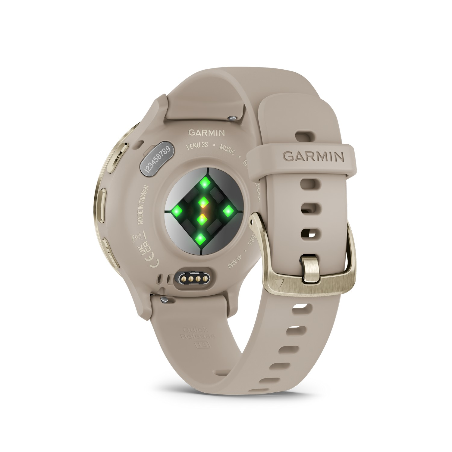 Beige smartwatch, achteraanzicht, met een groene hartslagsensor en een gouden sluiting.