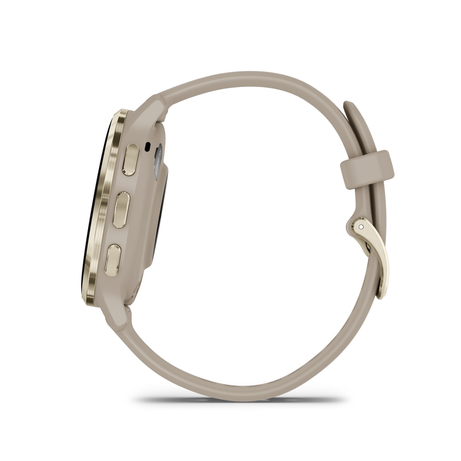Een zijaanzicht van een beige smartwatch met een goudkleurige ring rond het scherm, op een witte achtergrond.