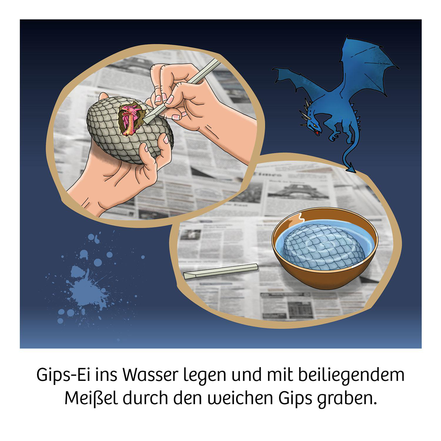 Illustration eines Dracheneis, das vorsichtig mit Werkzeugen geöffnet wird.