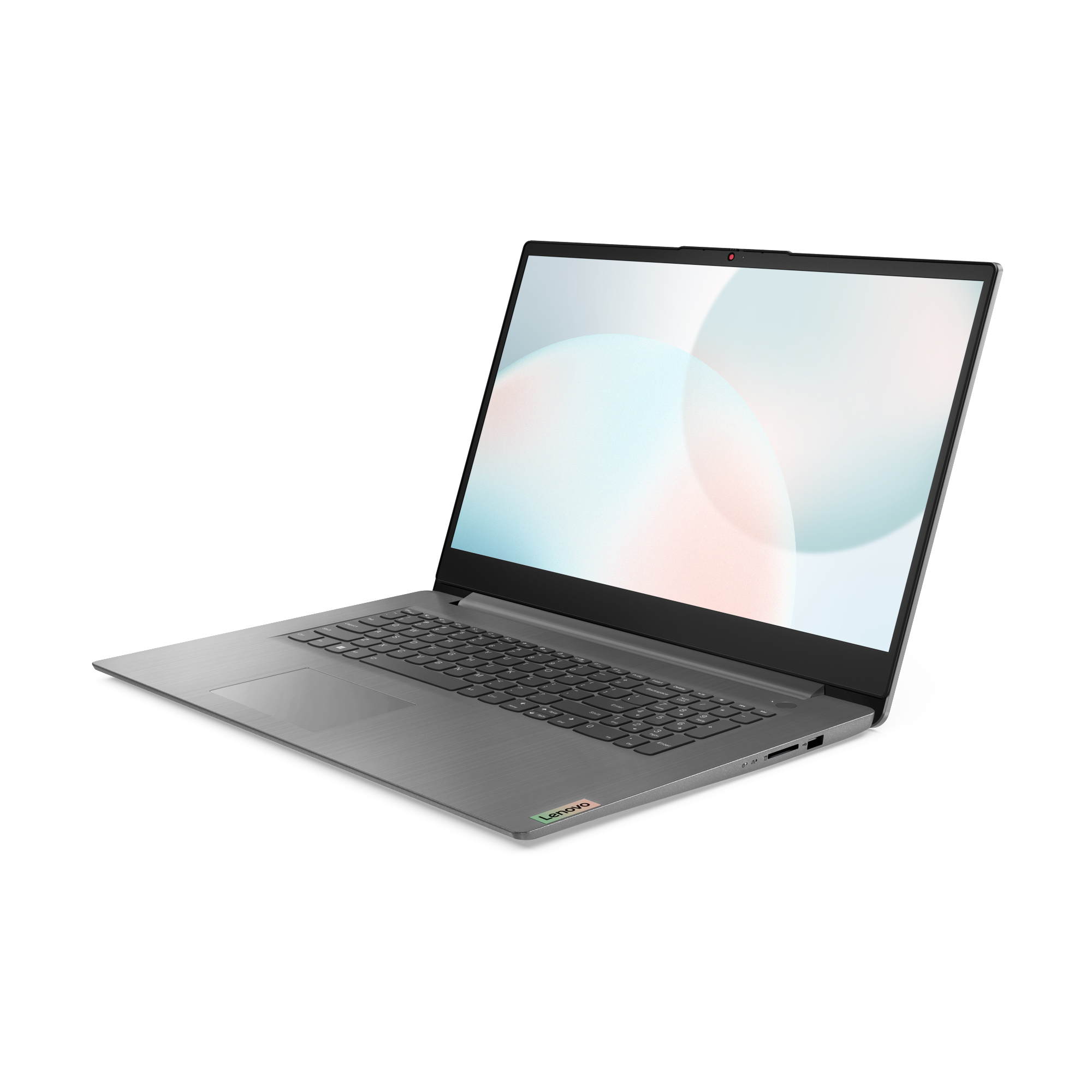 Ein grauer Laptop auf weißem Hintergrund, mit geöffnetem Bildschirm, der einen Farbverlauf zeigt.