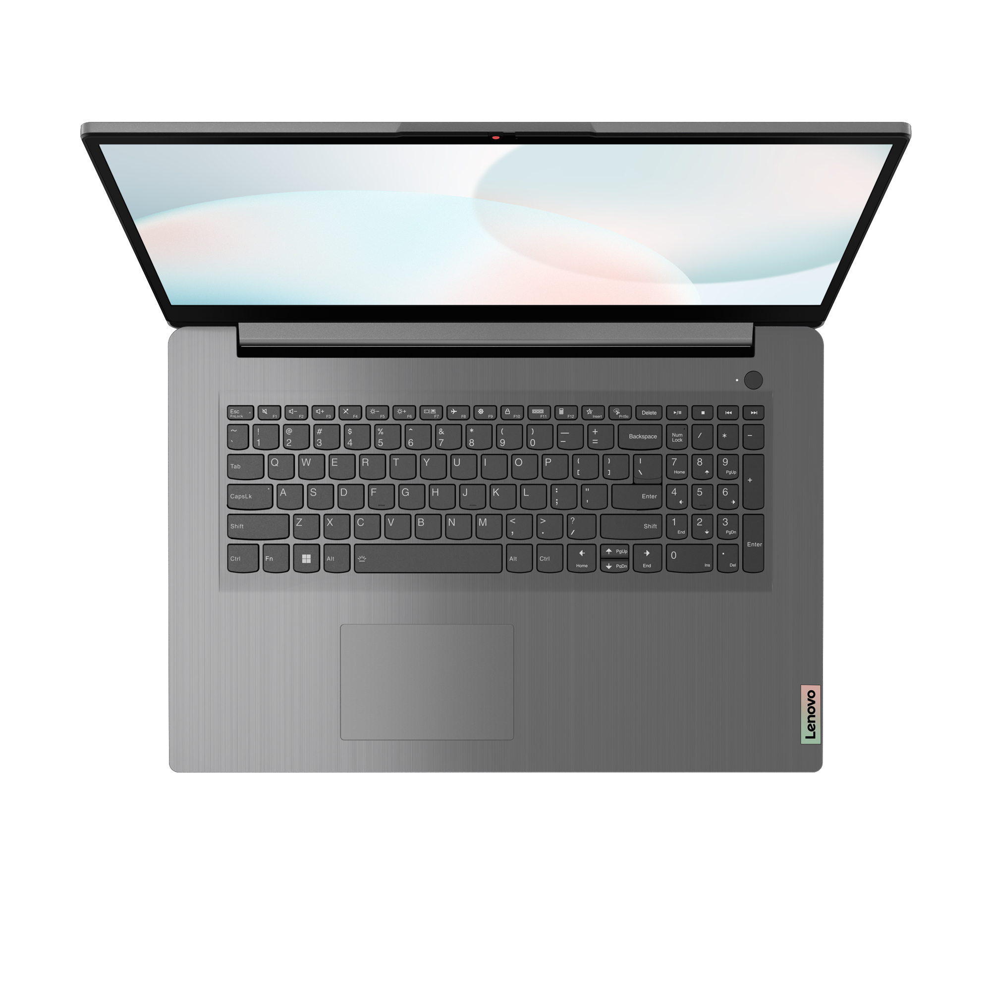 Ein grauer Lenovo-Laptop, Draufsicht, geöffnet mit einem Bildschirm, der einen weiß-blauen Farbverlauf anzeigt.