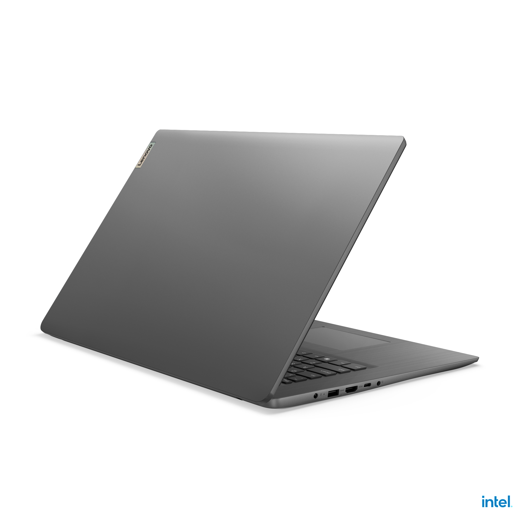 Grauer Laptop mit Lenovo-Logo auf der Rückseite, geöffnet auf weißem Hintergrund.