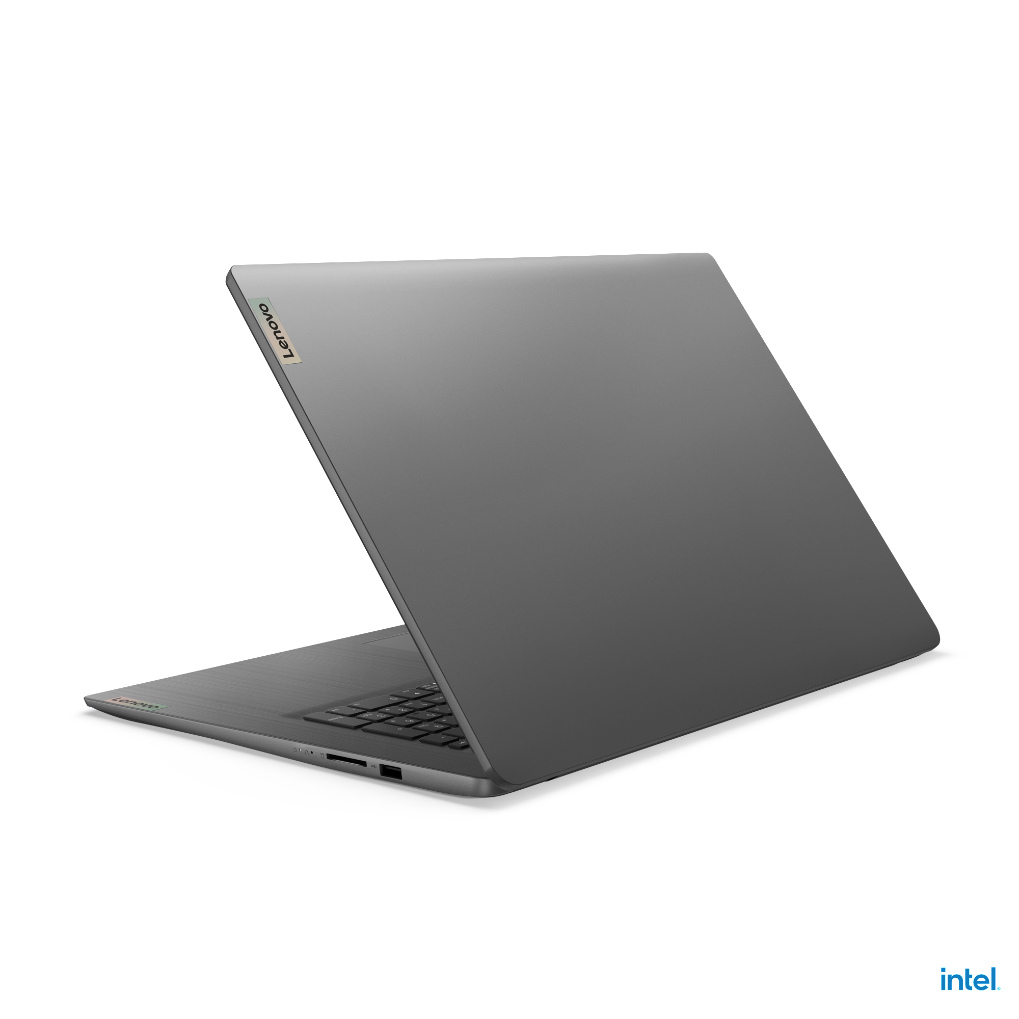 Grauer Laptop mit schwarzer Tastatur und Lenovo-Logo.