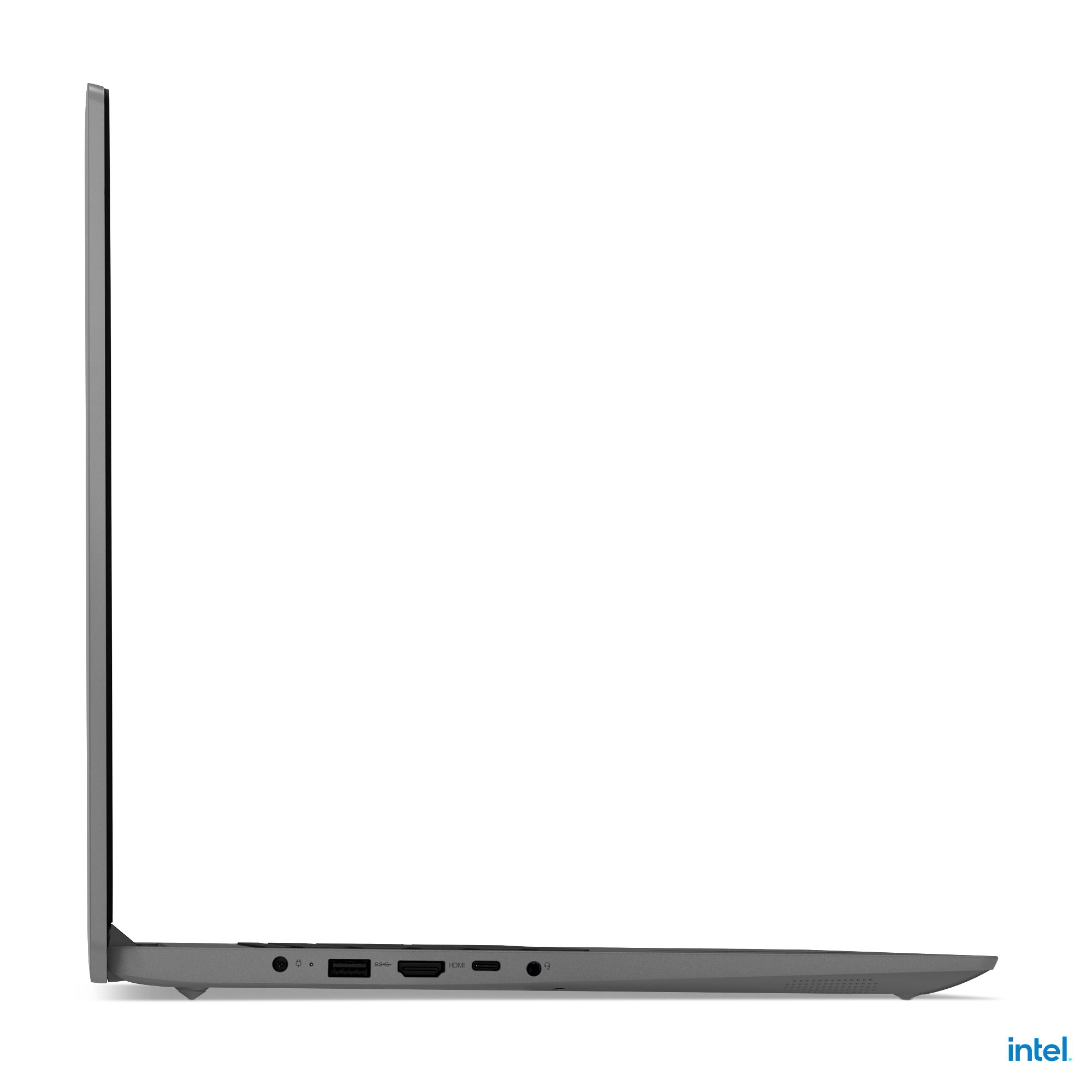 Laptop-Seitenansicht, zeigt das Seitenprofil mit Anschlüssen. Weißer Hintergrund.