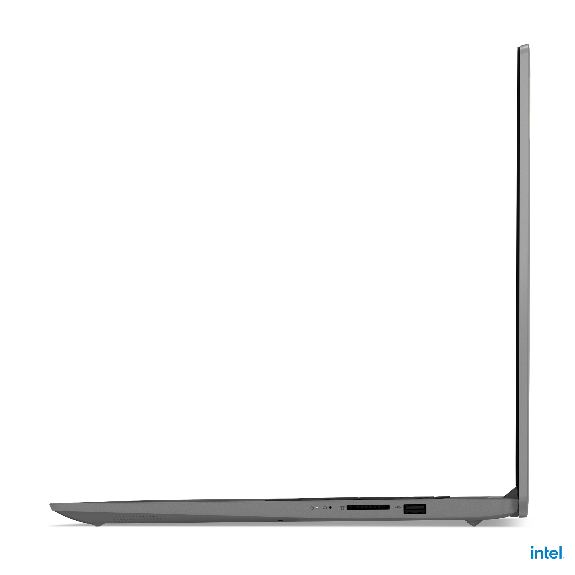 Seitenansicht eines grauen Laptops, die Seitenanschlüsse und das Intel-Logo unten zeigend.