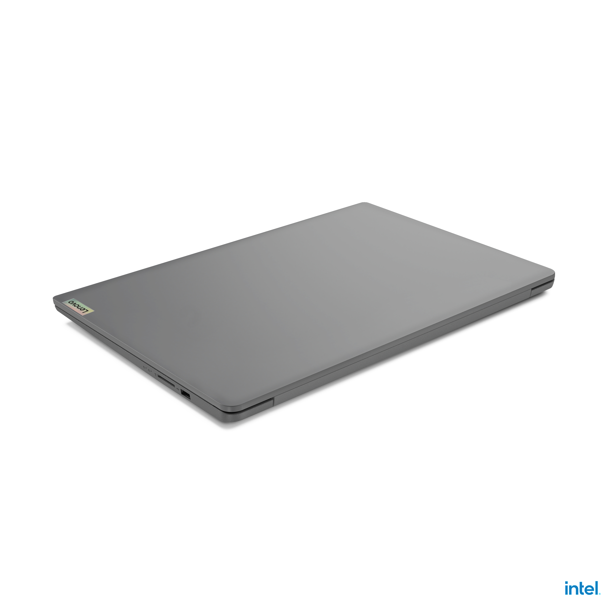 Ein geschlossener grauer Laptop auf einer weißen Oberfläche. Das Intel-Logo ist unten rechts.