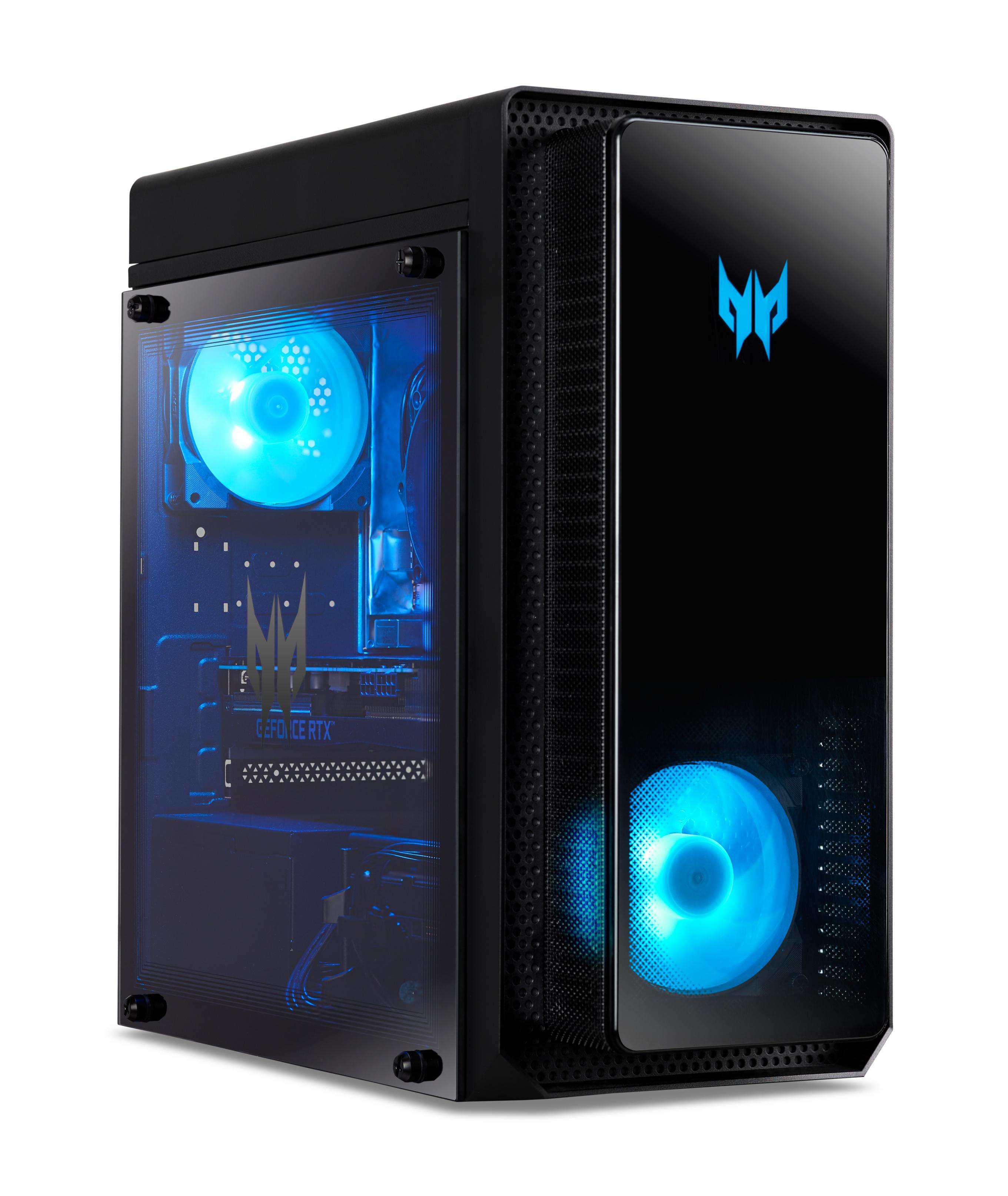 Predator Gaming-PC. Schwarzes Gehäuse mit blauen Lichtern und transparenter Seite. Blaue Lüfter.