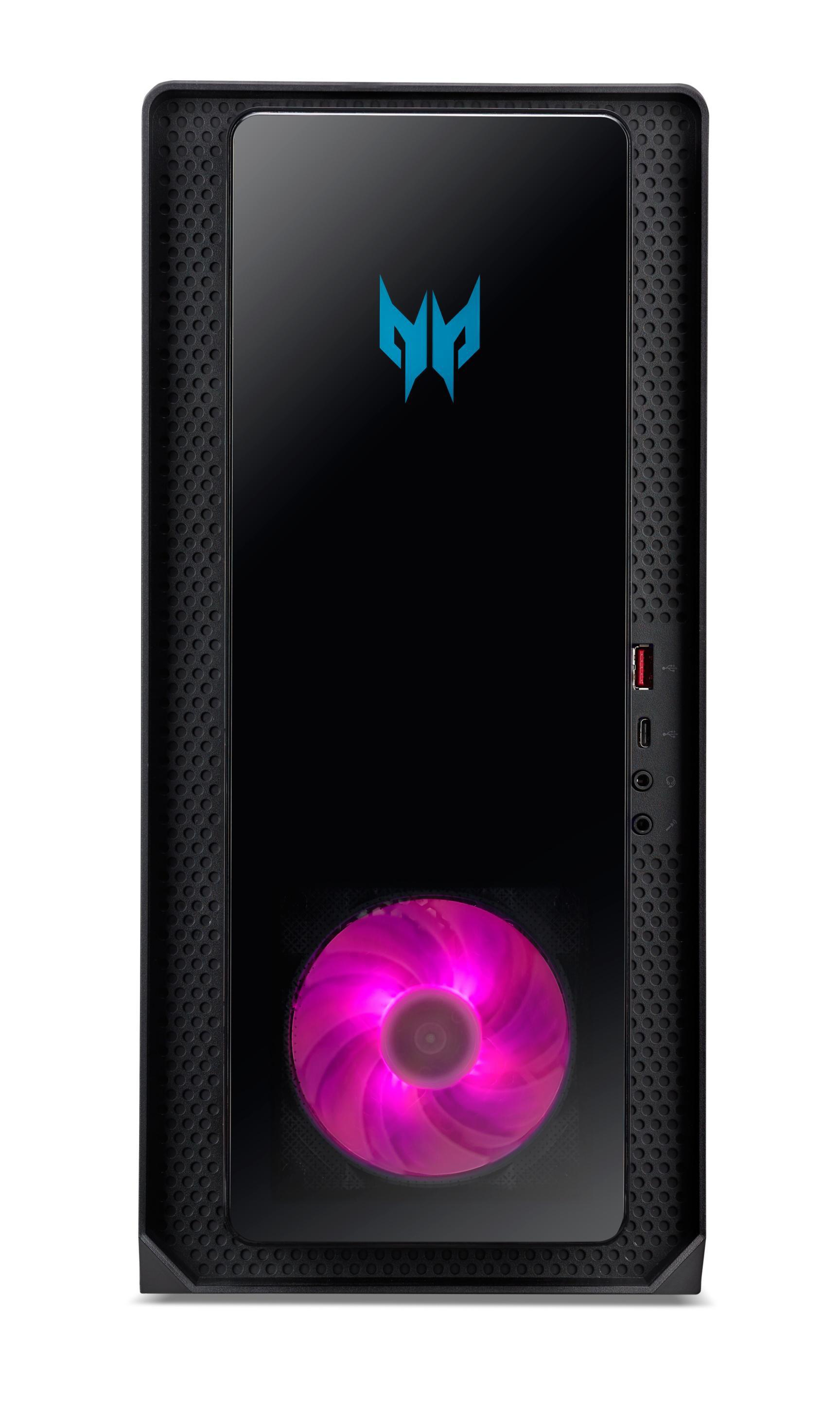 Schwarzer Gaming-PC mit pinkfarbenem Lüfter. Blaues Logo oben. Perforierte Seite.