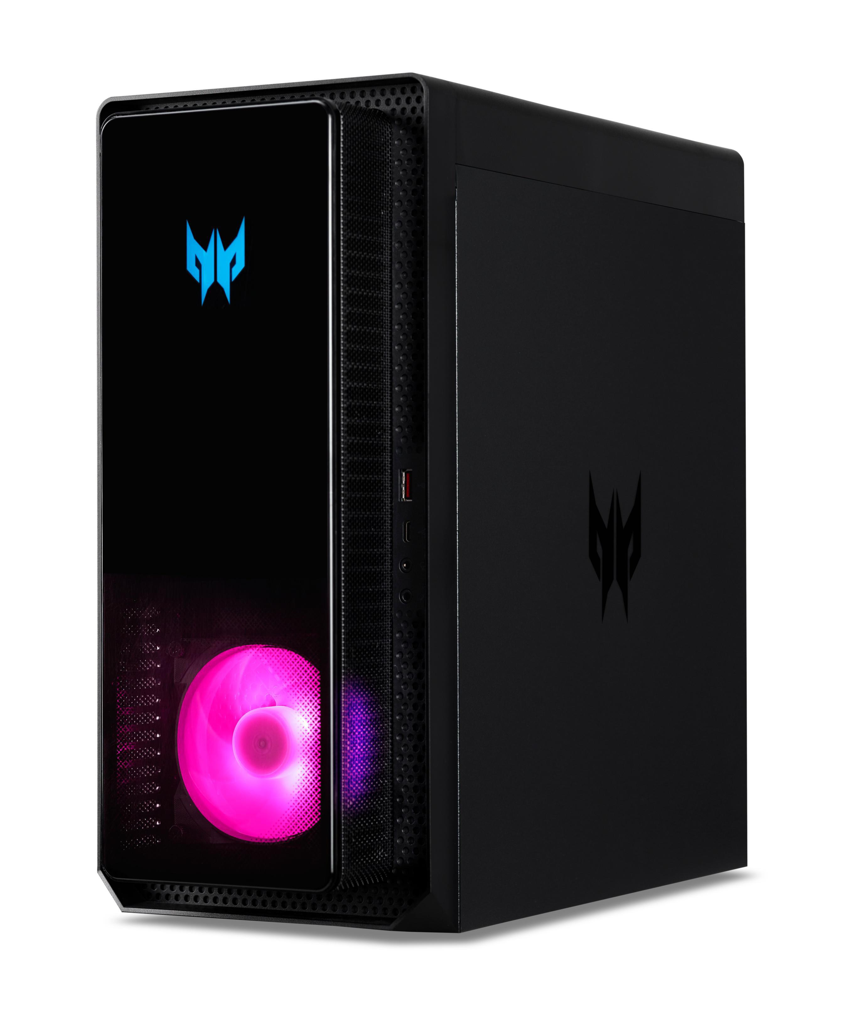 Ein schwarzer Predator Gaming-PC. Er hat ein blaues Logo und einen pinkfarben beleuchteten Lüfter. Die Seitenwand ist Glas.