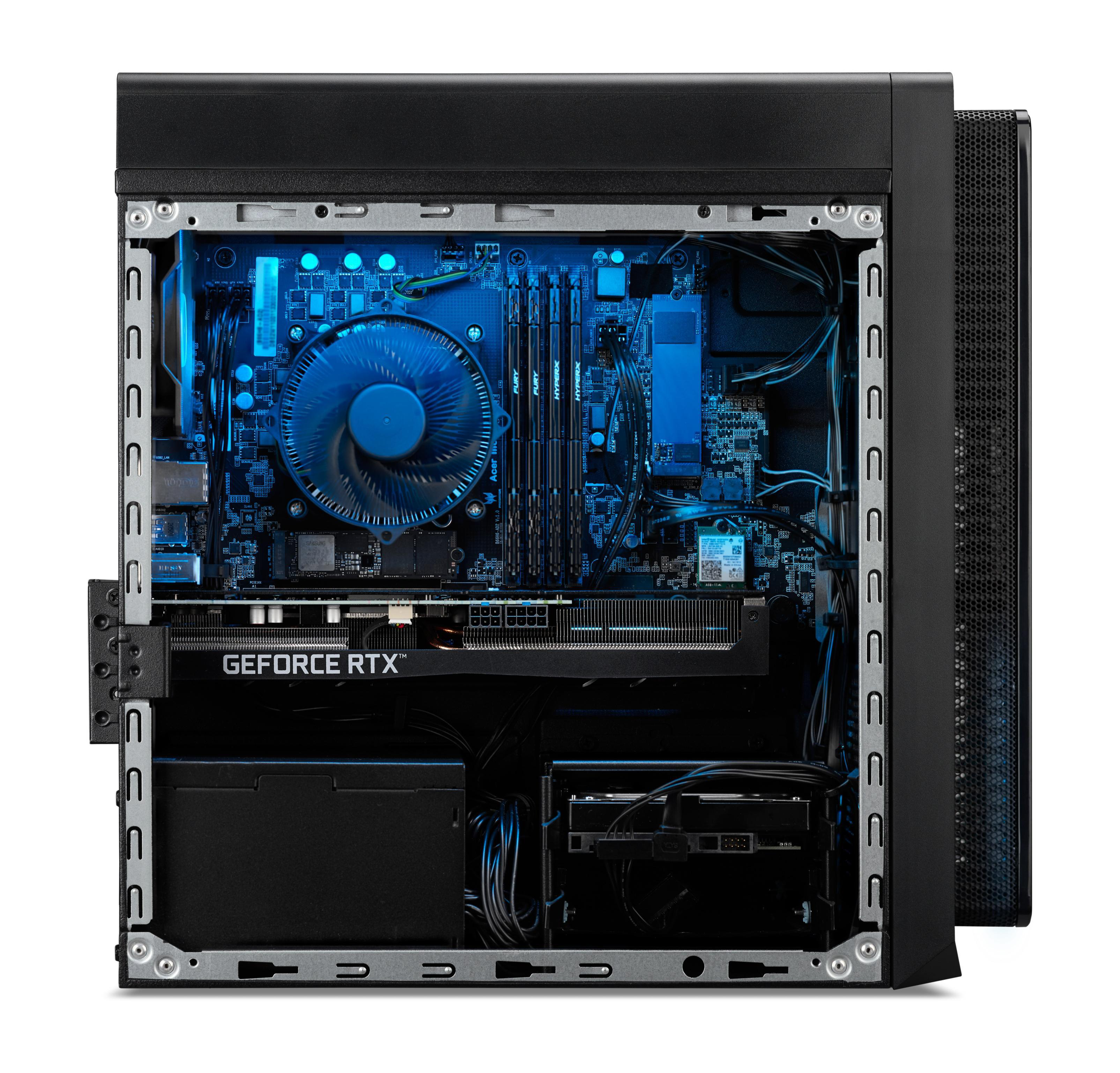 Das Innere eines Computers zeigt Komponenten, darunter eine Grafikkarte und einen blau beleuchteten Lüfter.