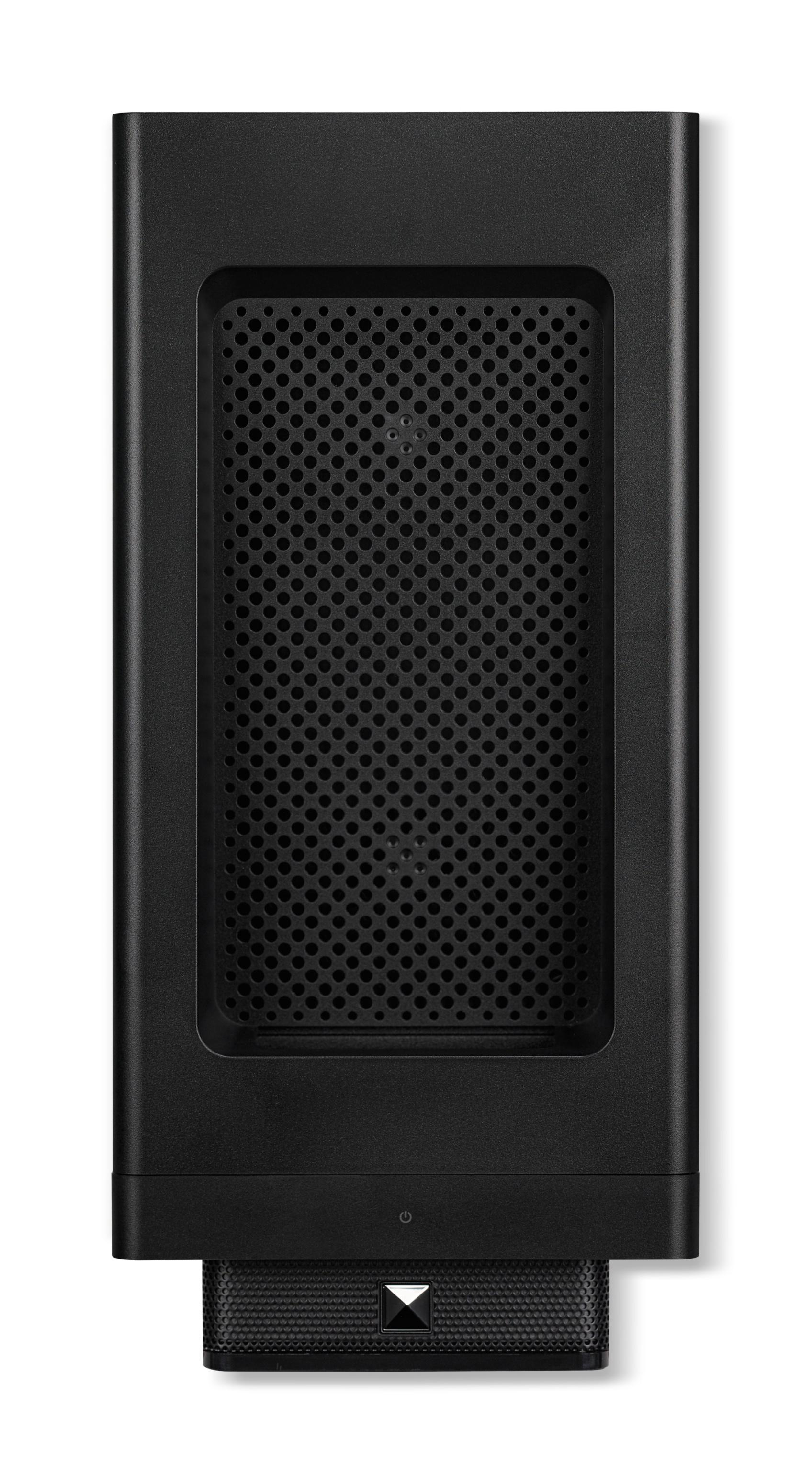 Ein schwarzes, rechteckiges Gerät, möglicherweise eine externe Festplatte oder ein ähnliches Speichermedium.