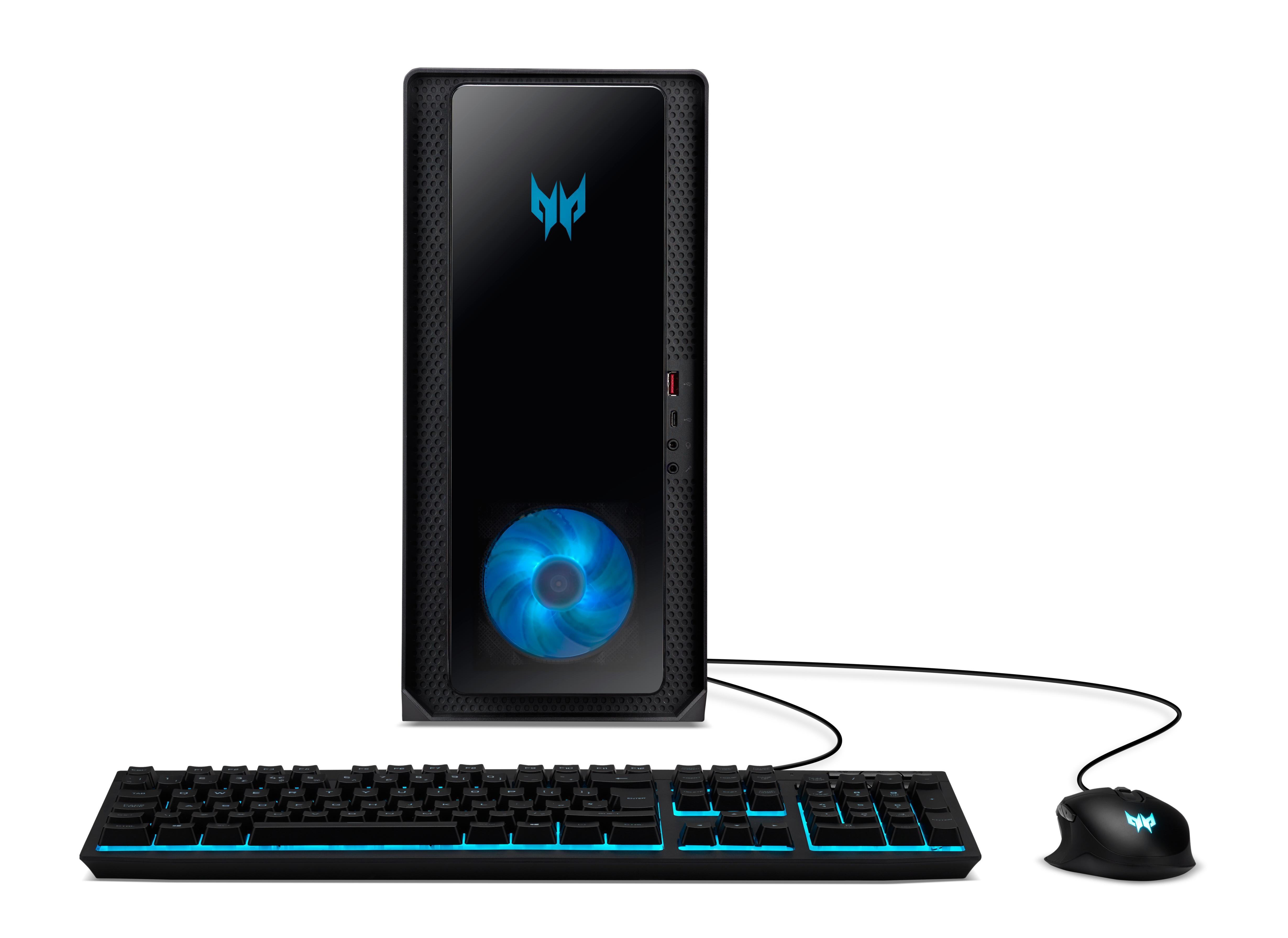 Ein schwarzer Computer mit Tastatur und Maus, alle mit blauen Lichtakzenten.