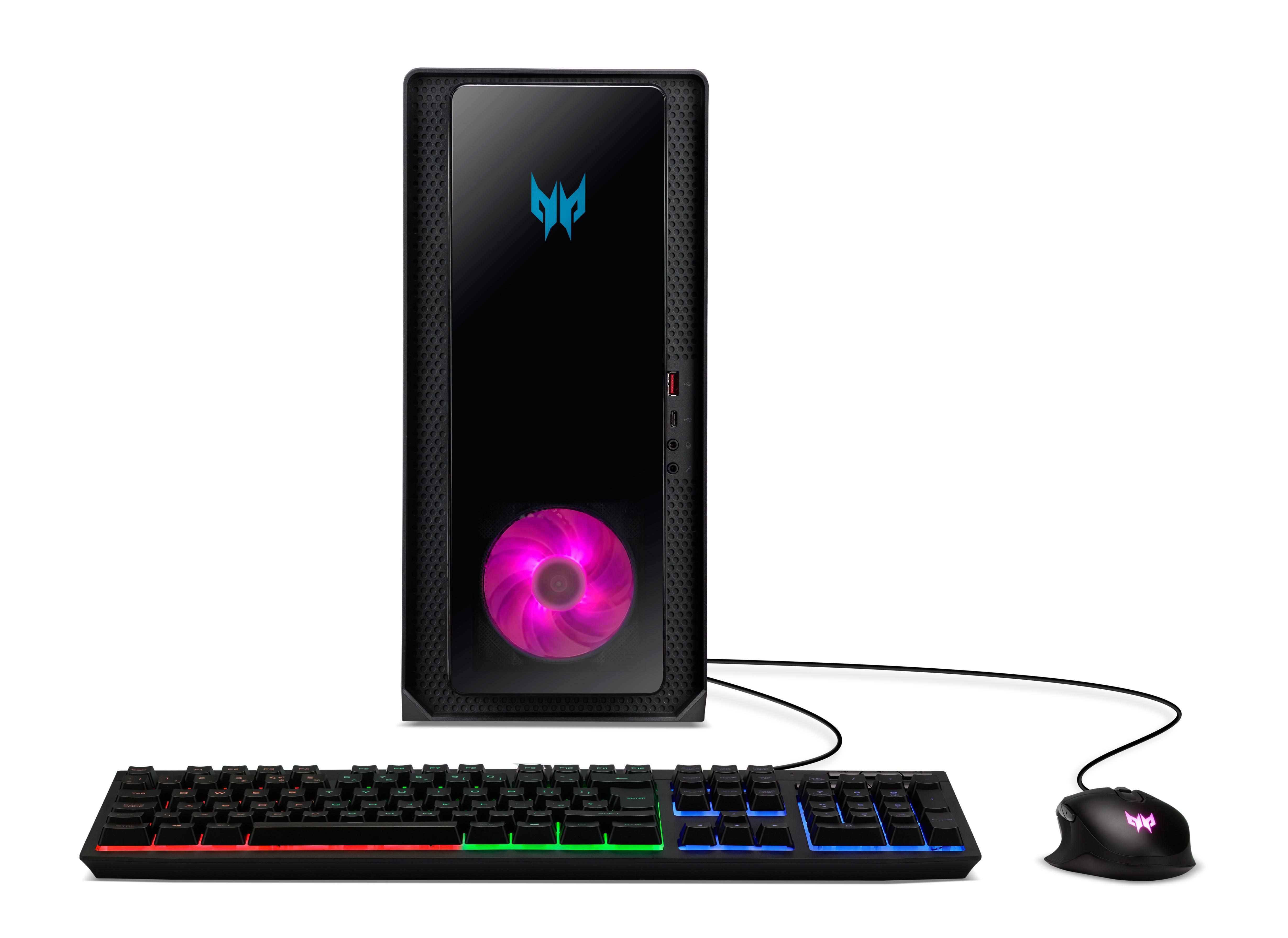 Ein schwarzes Computer-Setup mit Monitor, Tastatur und Maus auf weißer Oberfläche.