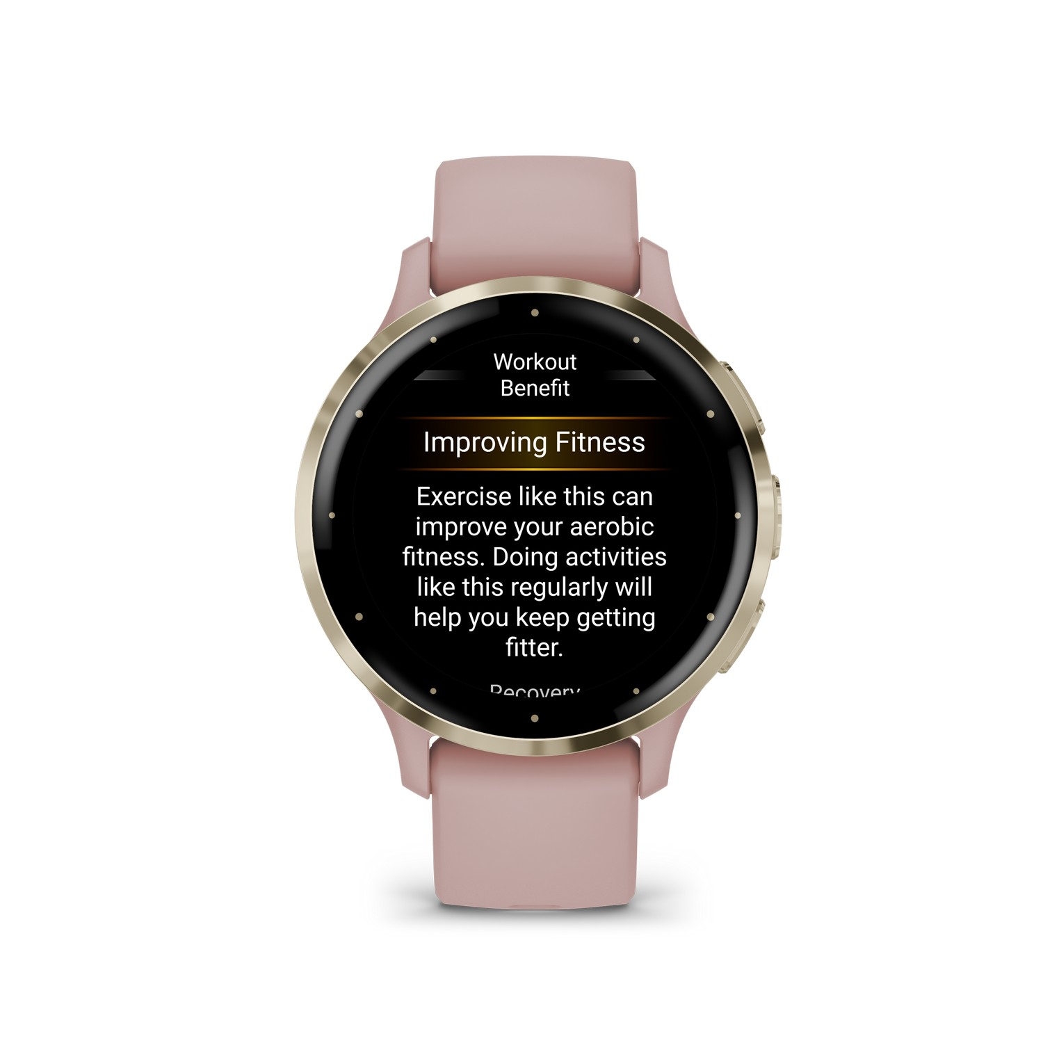 Close-up van een smartwatch met een roze bandje met informatie over de voordelen van de training.