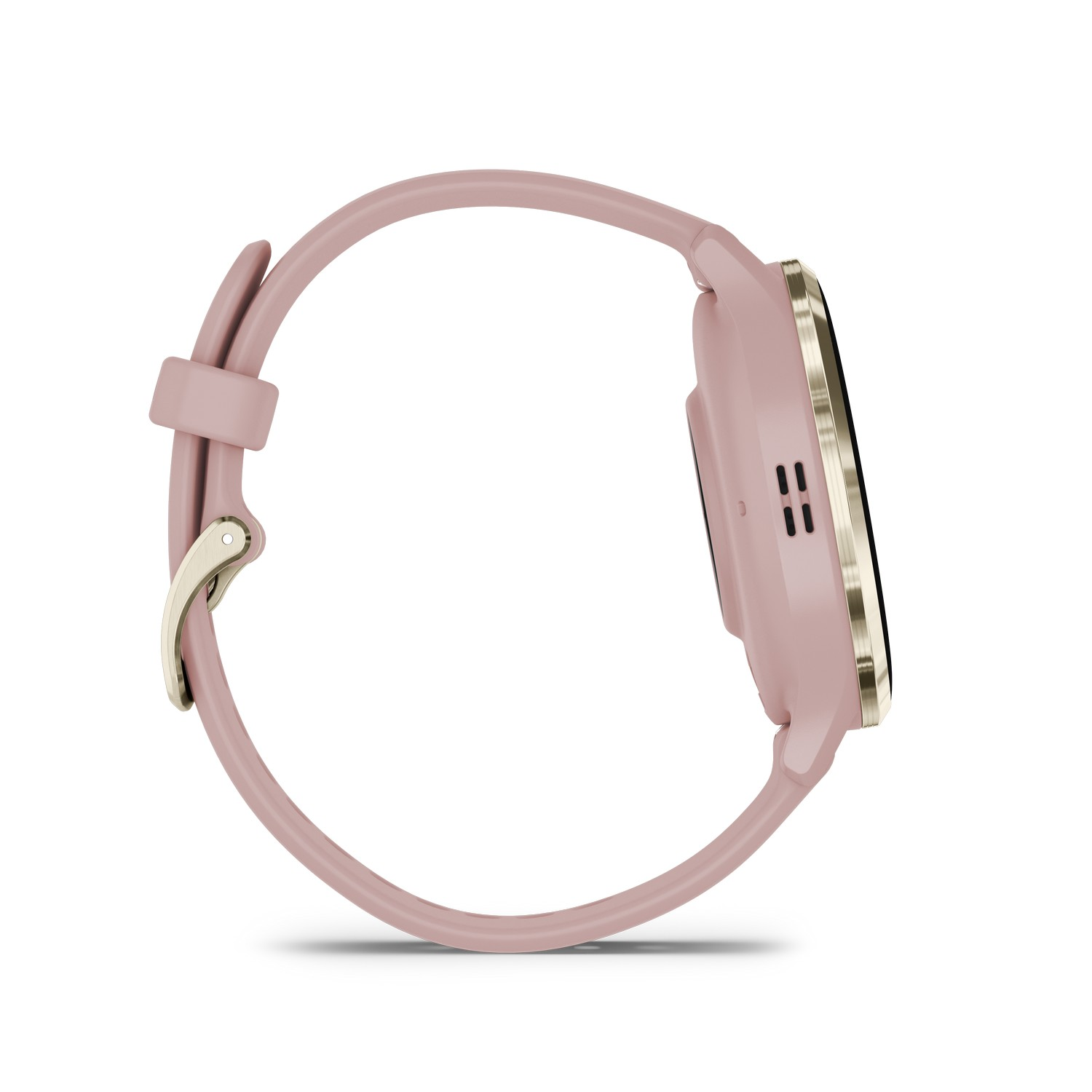 Roze smartwatch met een goudkleurige rand en een roze band. Zijaanzicht.