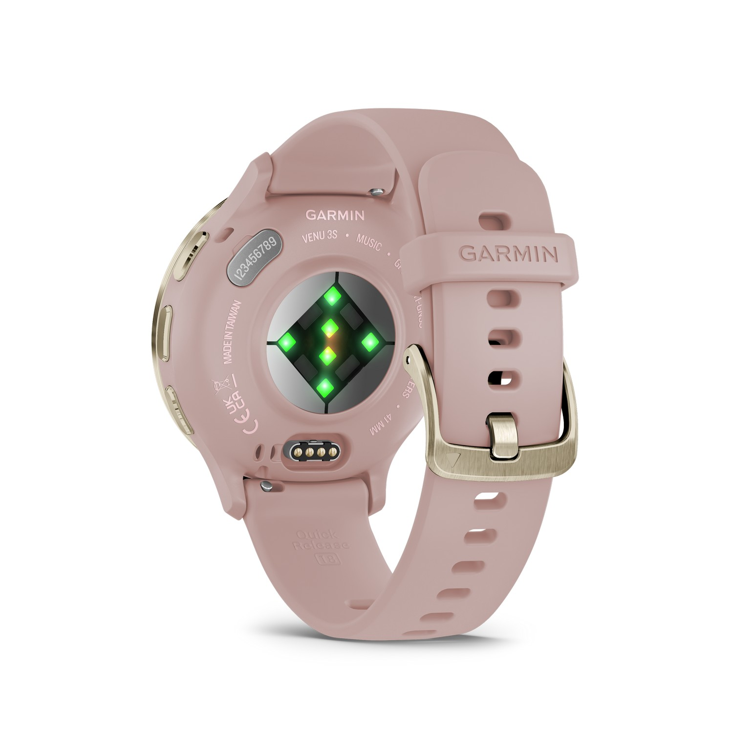 Roze Garmin smartwatch, achteraanzicht. Hartslagsensor zichtbaar.