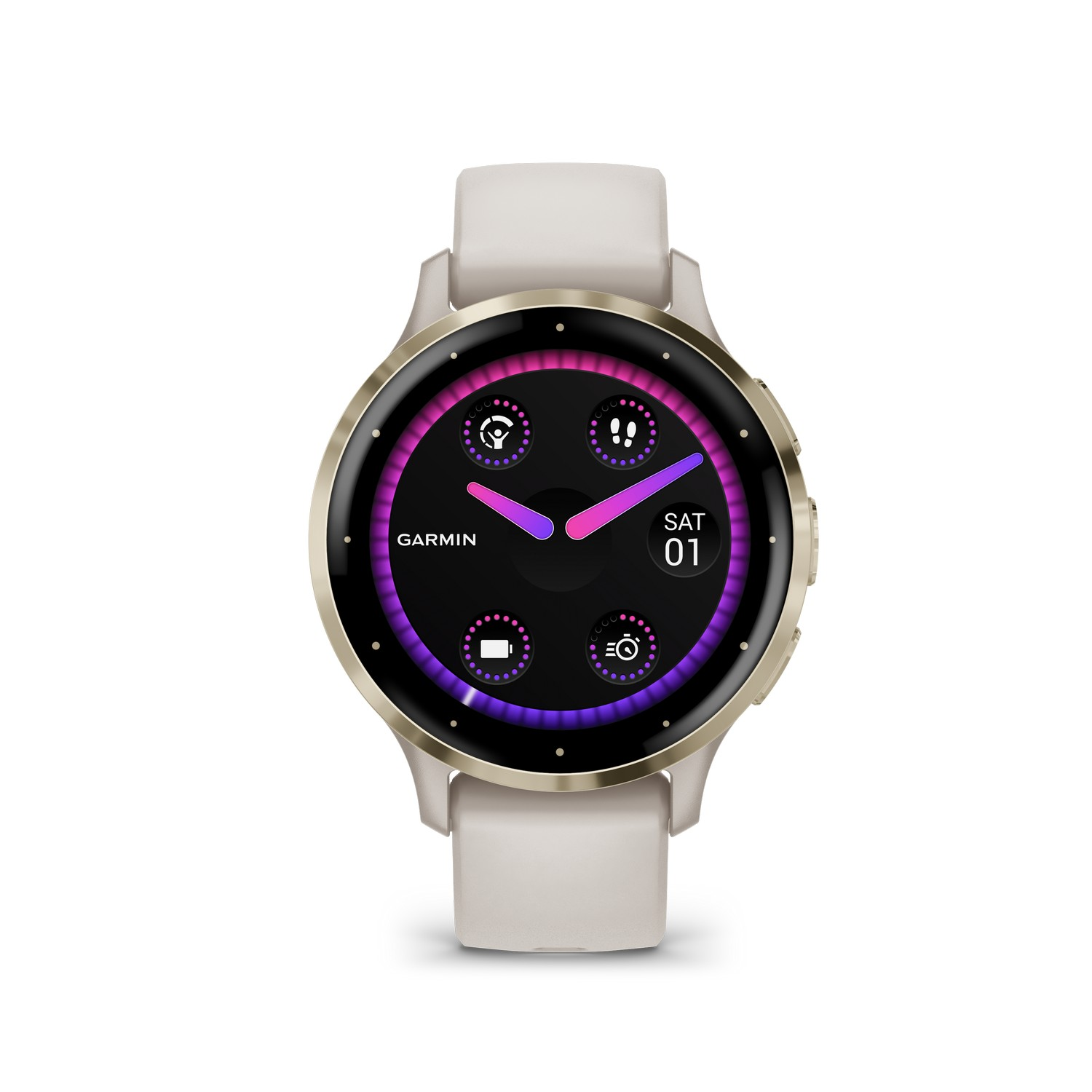Une montre connectée beige avec une bordure dorée, affichant la date et d'autres données sur son écran noir.