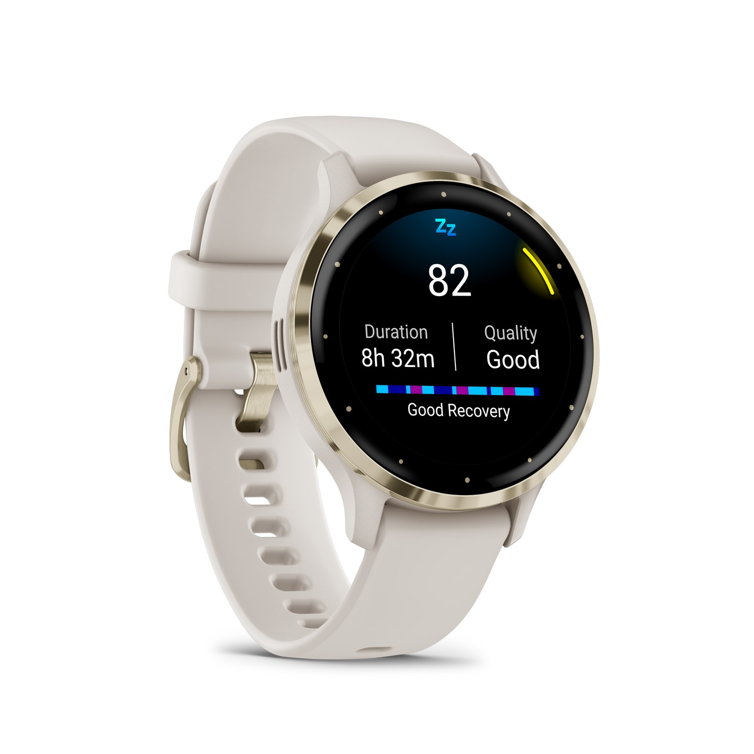 Une smartwatch blanche affichant les données de sommeil, avec une lunette dorée et un bracelet blanc.