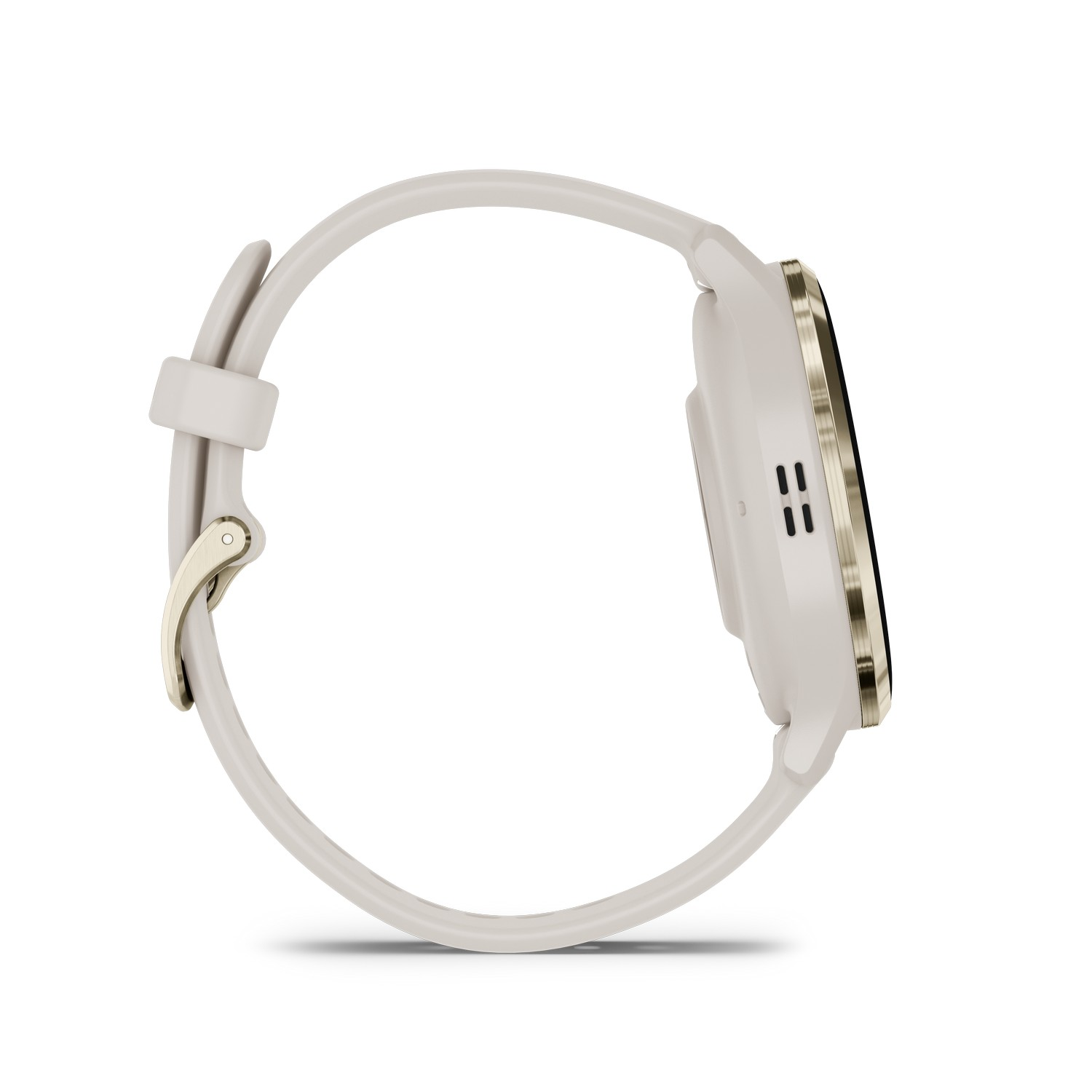Montre connectée crème sur fond blanc, vue latérale montrant le bracelet et la lunette dorée.
