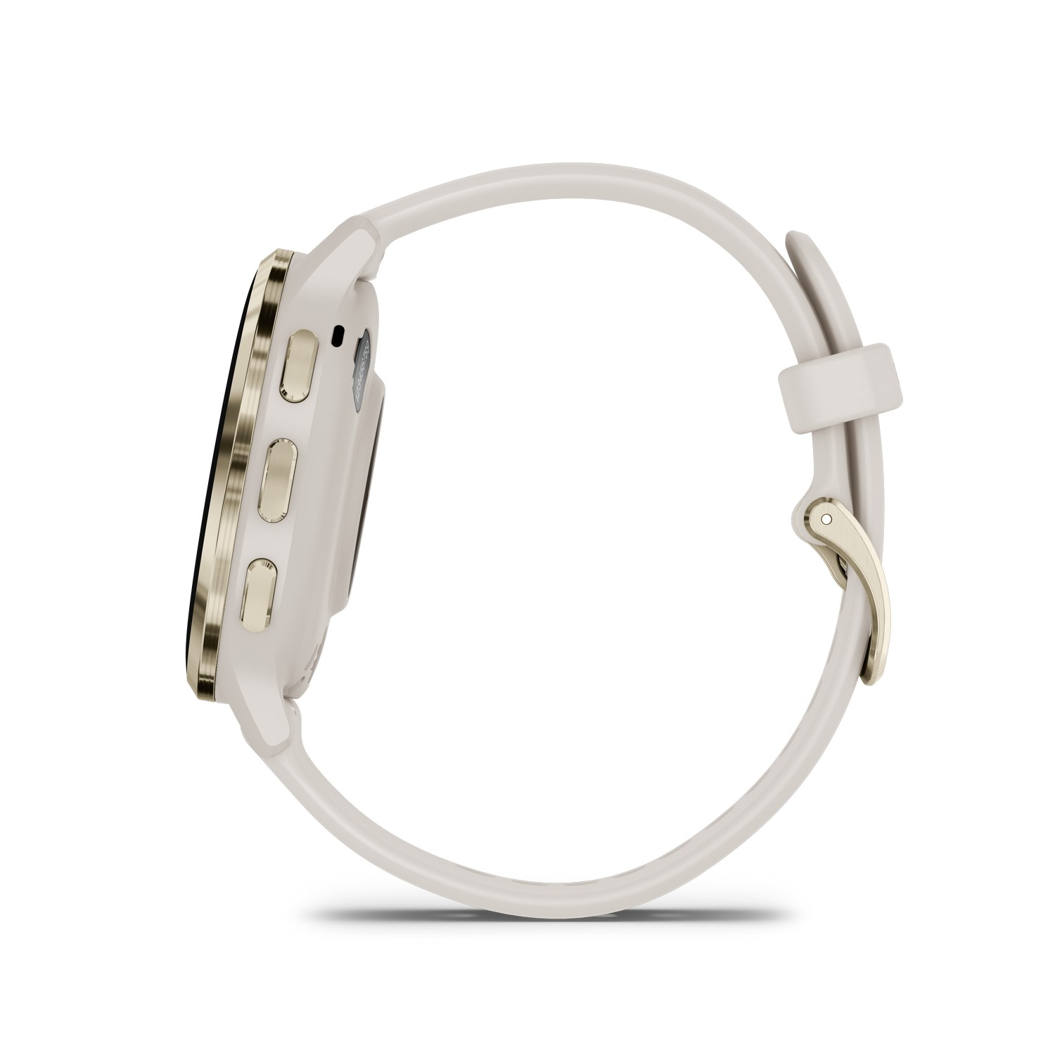 Vue latérale d'une montre connectée crème avec lunette dorée et bracelet crème.
