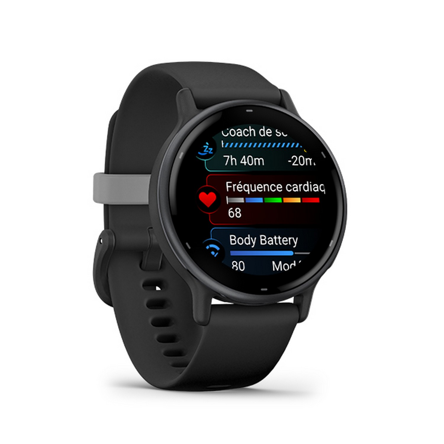 Black smartwatch with display showing health data.