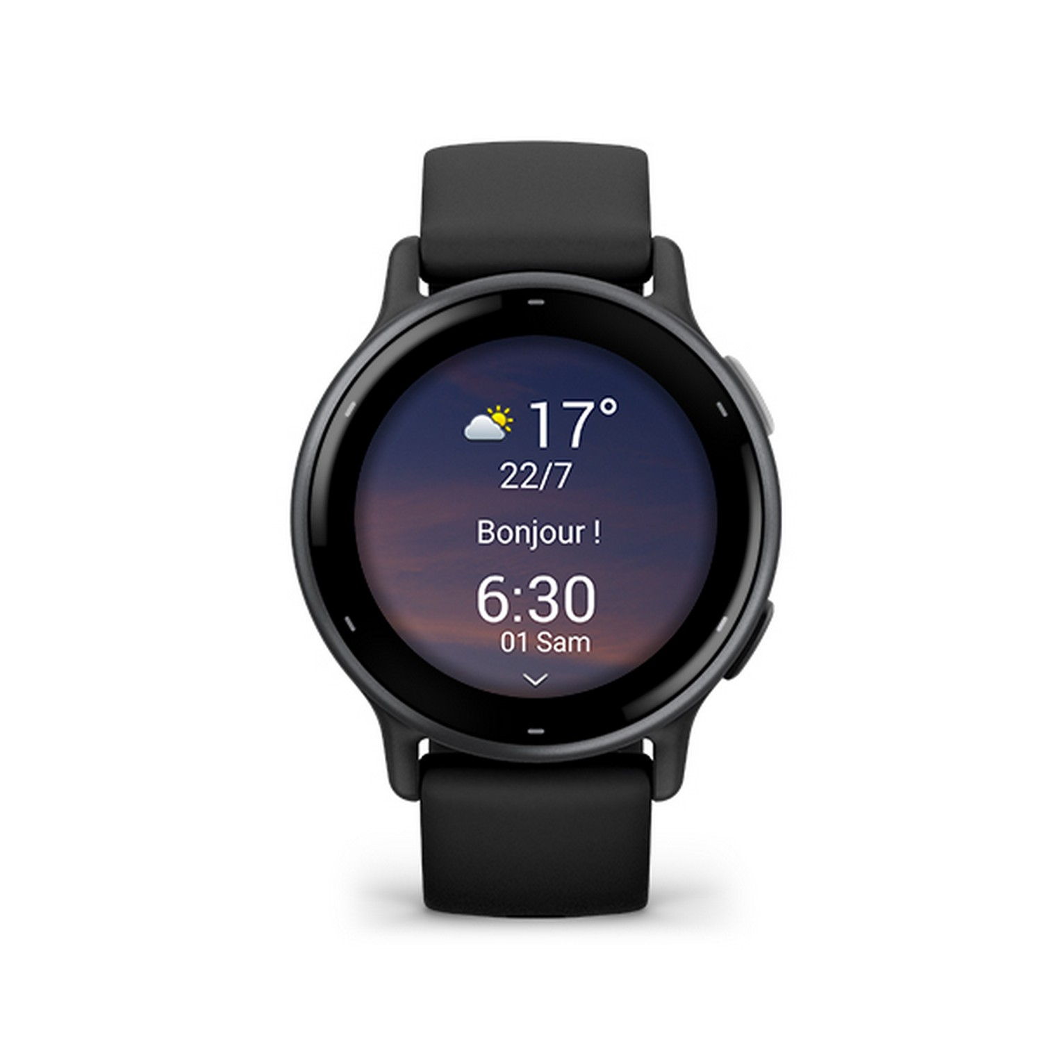 Black smartwatch with a display showing the date, time, and weather.