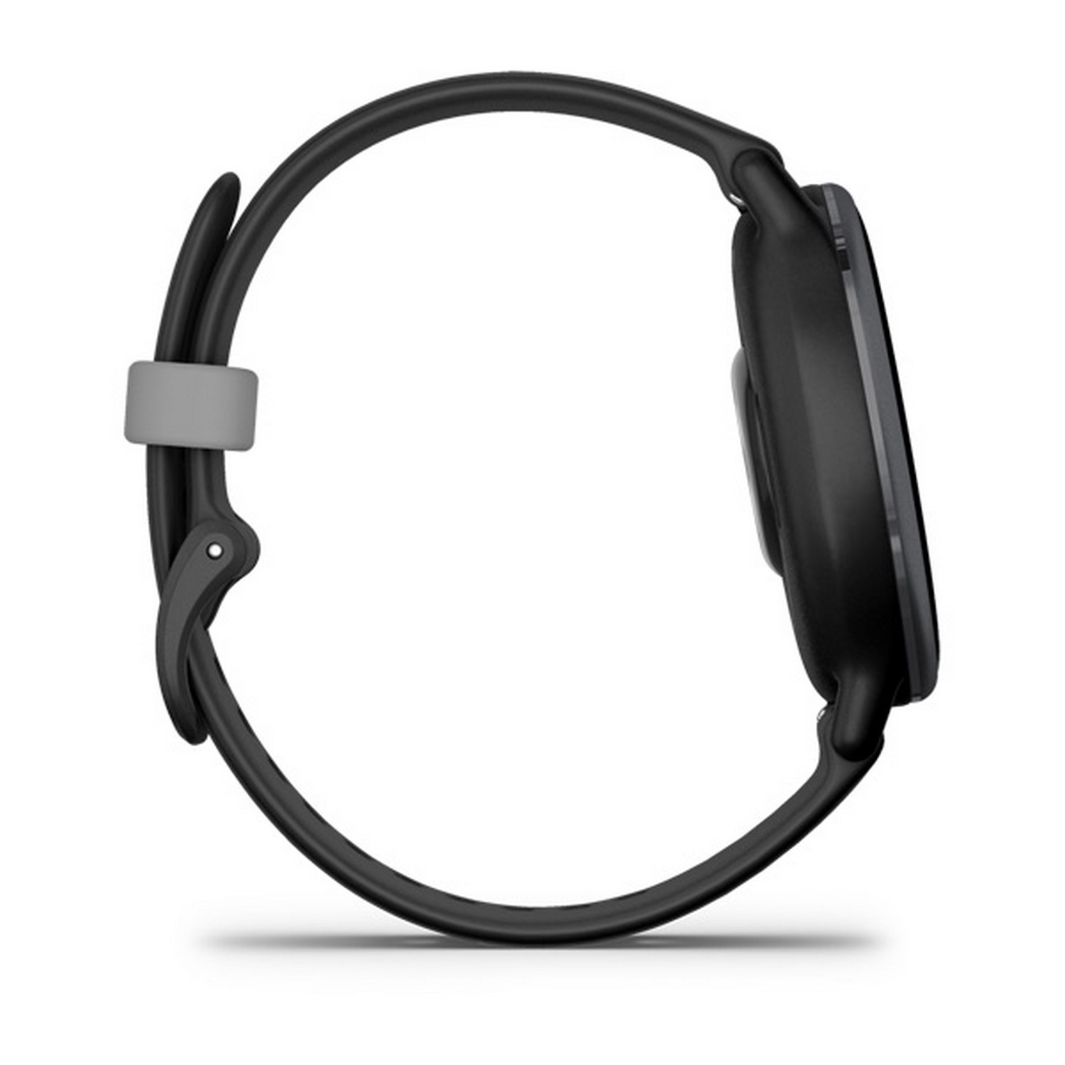 Side view of a black smartwatch with a black band and a gray clasp. The watch is on a white surface.