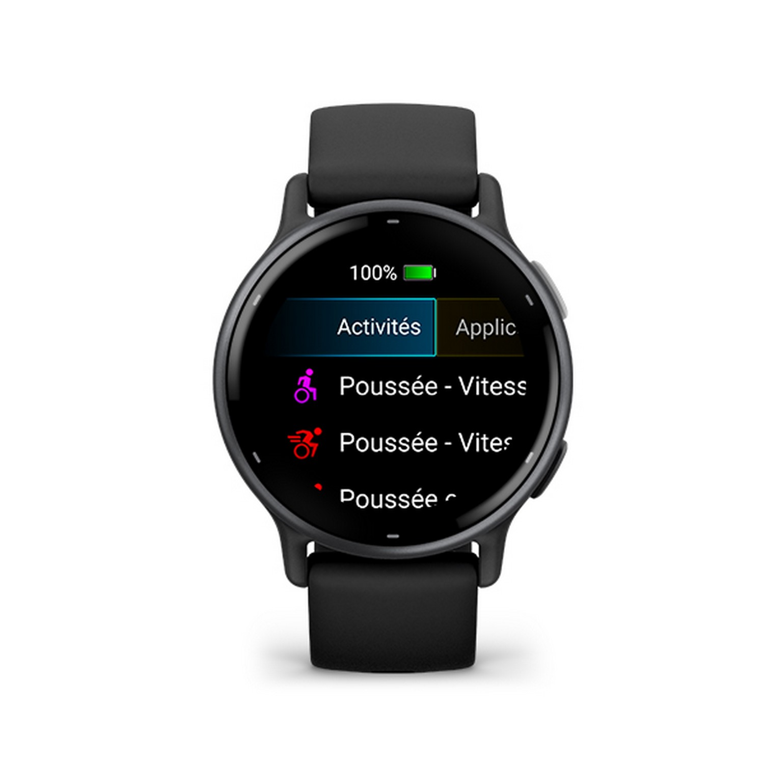 A black Garmin smartwatch with a round screen showing activity metrics and app options.