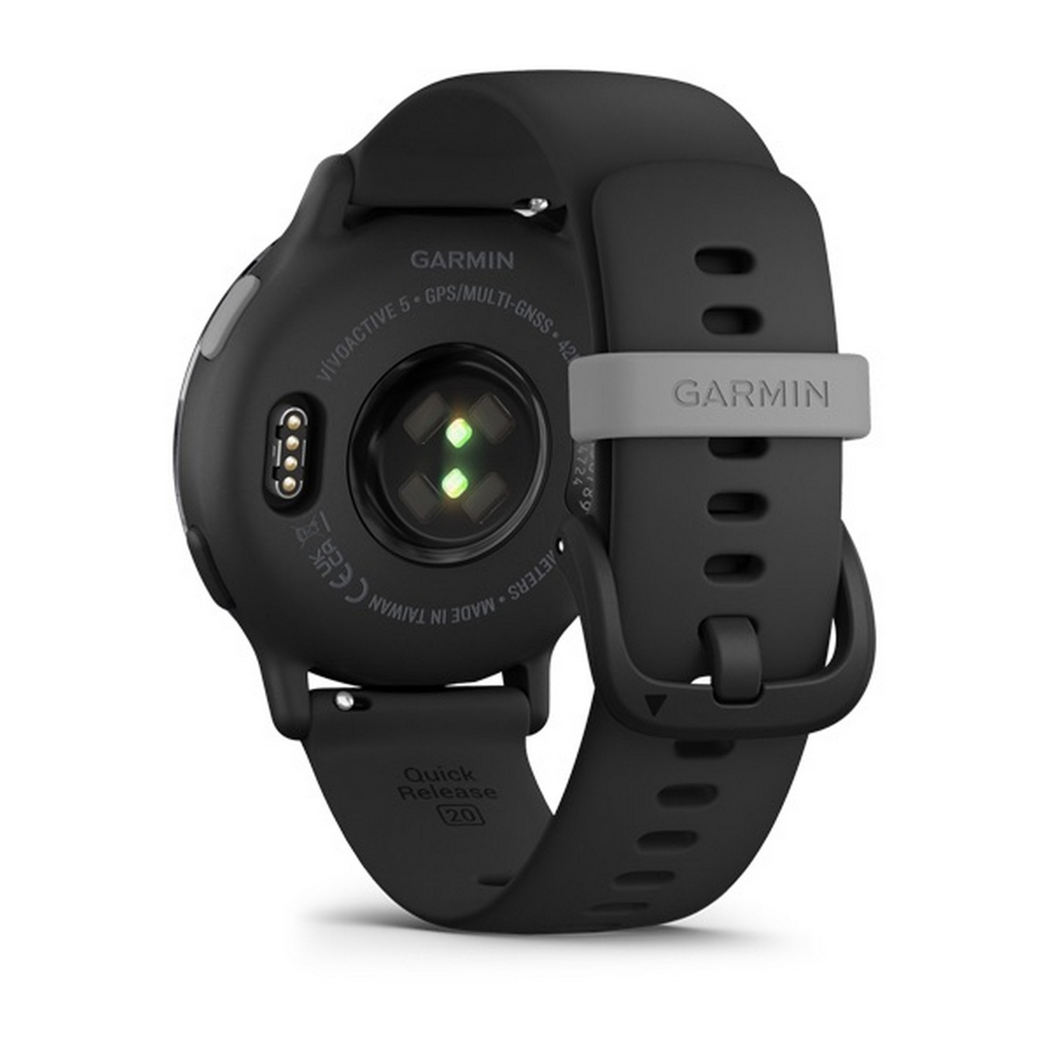 Black smartwatch underside, showing sensors, Garmin logo, and black strap with gray clasp.