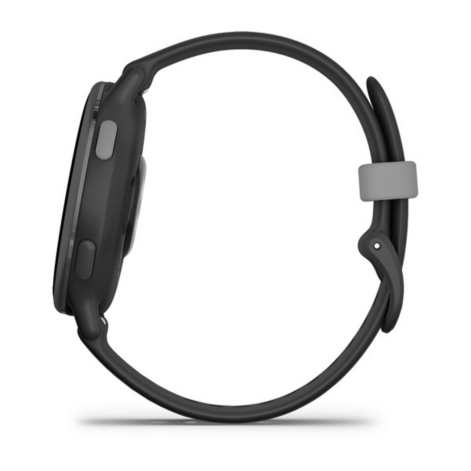 Black smartwatch with a circular face, gray strap. Side buttons visible, white background.