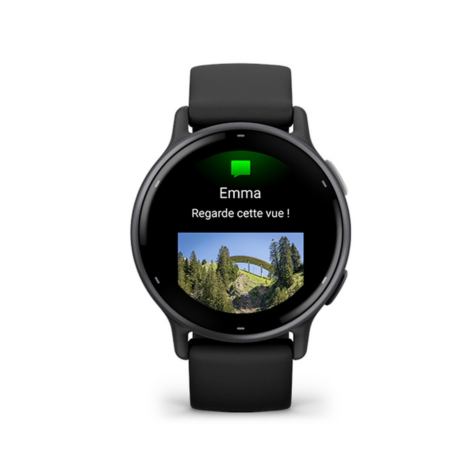 Garmin smartwatch shows a mountain view and message 'Emma, Regarde cette vue!'. The band is black.